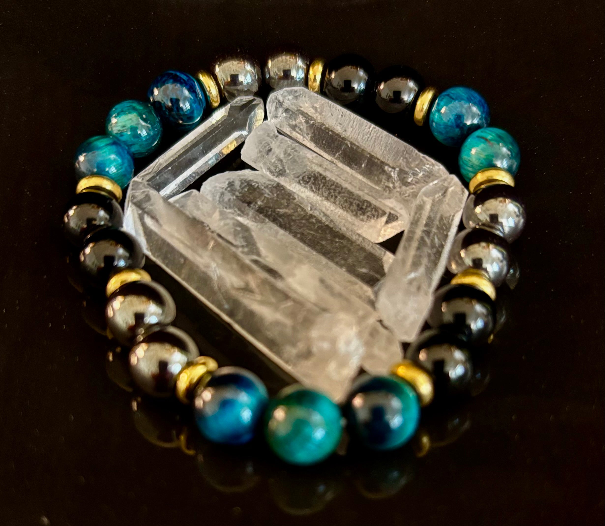 Blue Tiger Eye + Hematite + Onyx Bracelet – Anxiety Relief, Strength & Focus (8mm • Medium Wrist) | | Wiccan Center