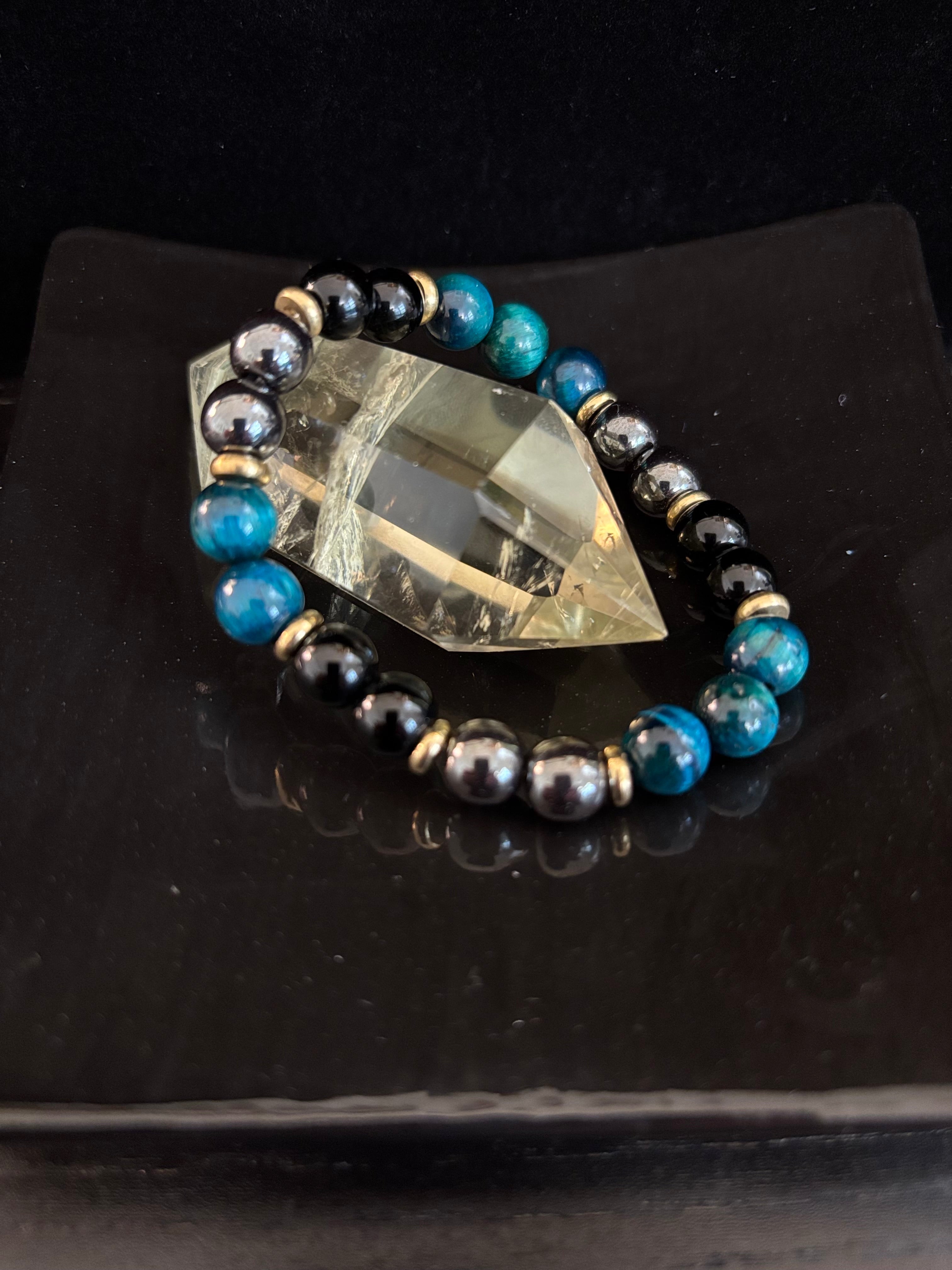 Blue Tiger Eye + Hematite + Onyx Bracelet – Anxiety Relief, Strength & Focus (8mm • Medium Wrist) | | Wiccan Center