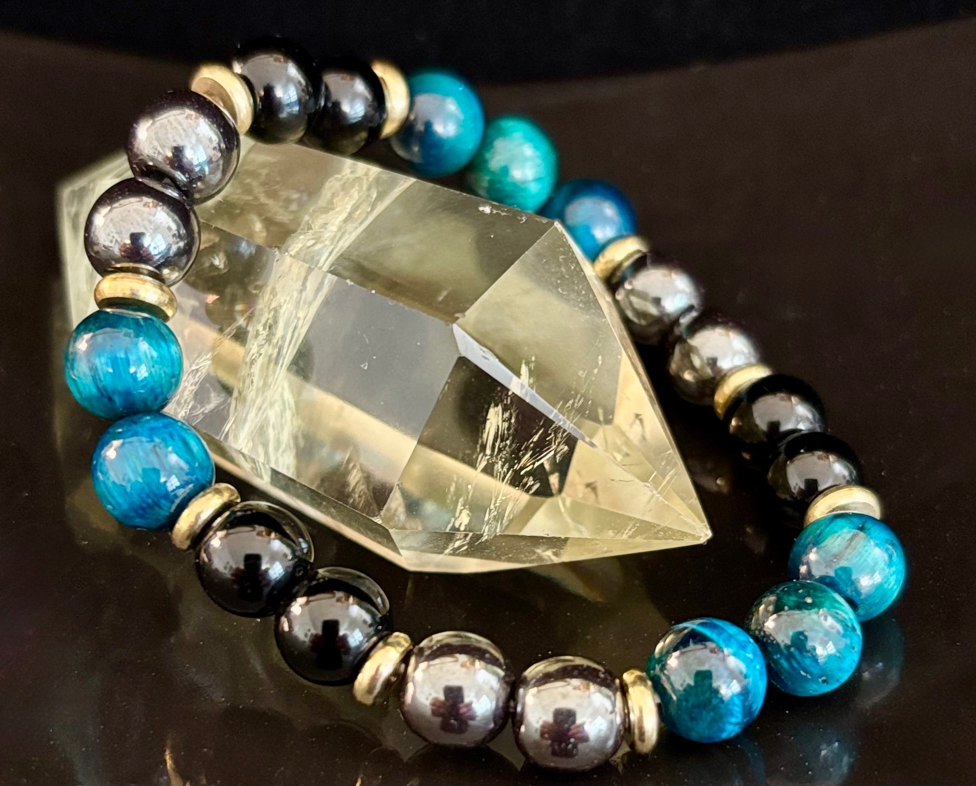 Blue Tiger Eye + Hematite + Onyx Bracelet – Anxiety Relief, Strength & Focus (8mm • Medium Wrist) | | Wiccan Center