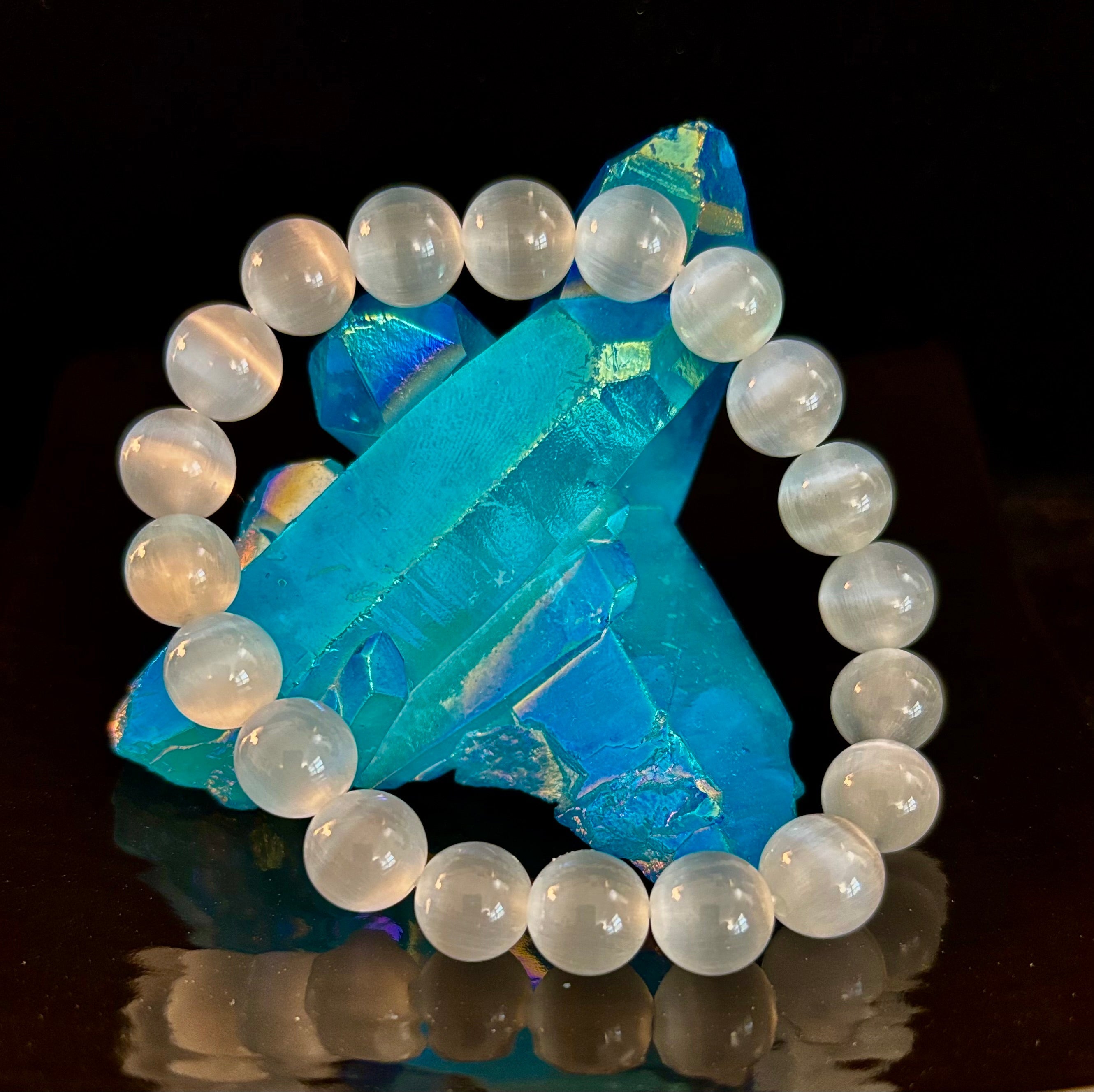 White Cat Eye Stone Bracelet – Reiki-Infused Clarity & Protection Jewelry (Medium–Large Wrist) | | Wiccan Center