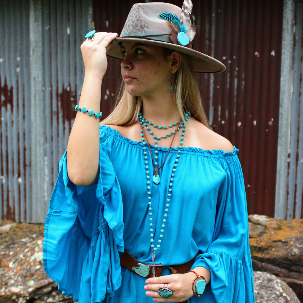 Double Strand Lariat Blue Turquoise Necklace w/ Copper Feather 251e | Necklace | Wiccan Center