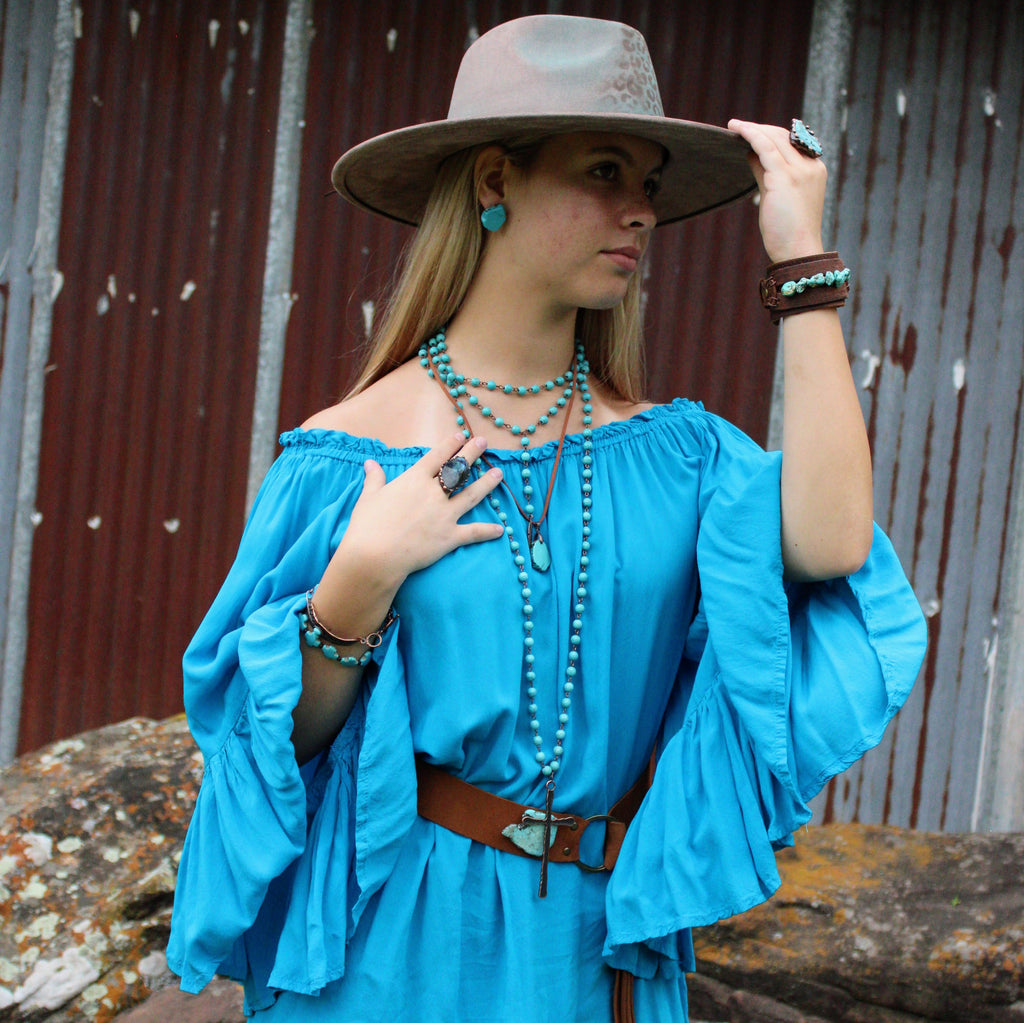 Double Strand Lariat Blue Turquoise Necklace w/ Copper Feather 251e | Necklace | Wiccan Center