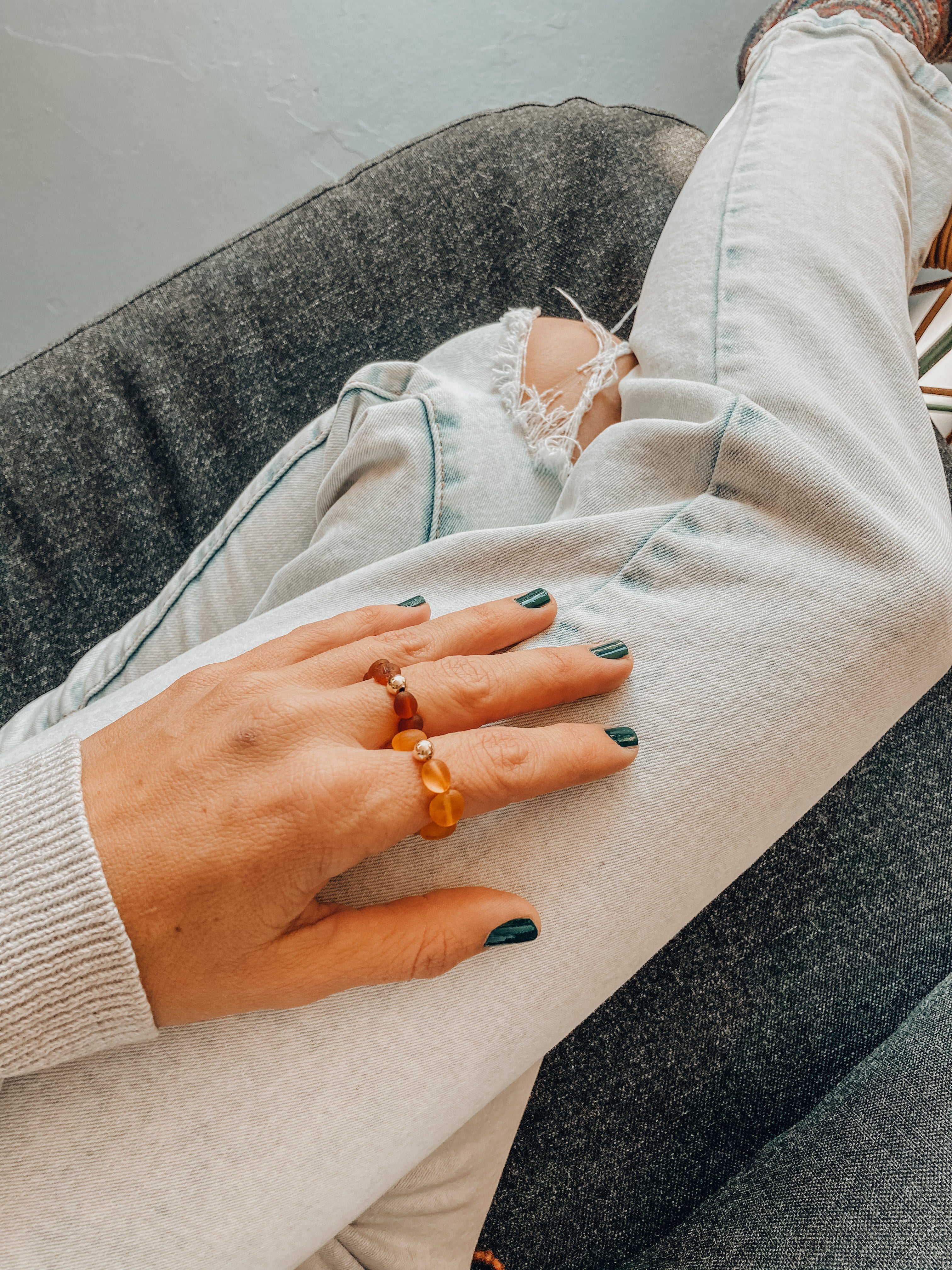 Raw Cognac Baltic Amber + 14K Gold Filled || Beaded Stretch Ring | Ring | Wiccan Center