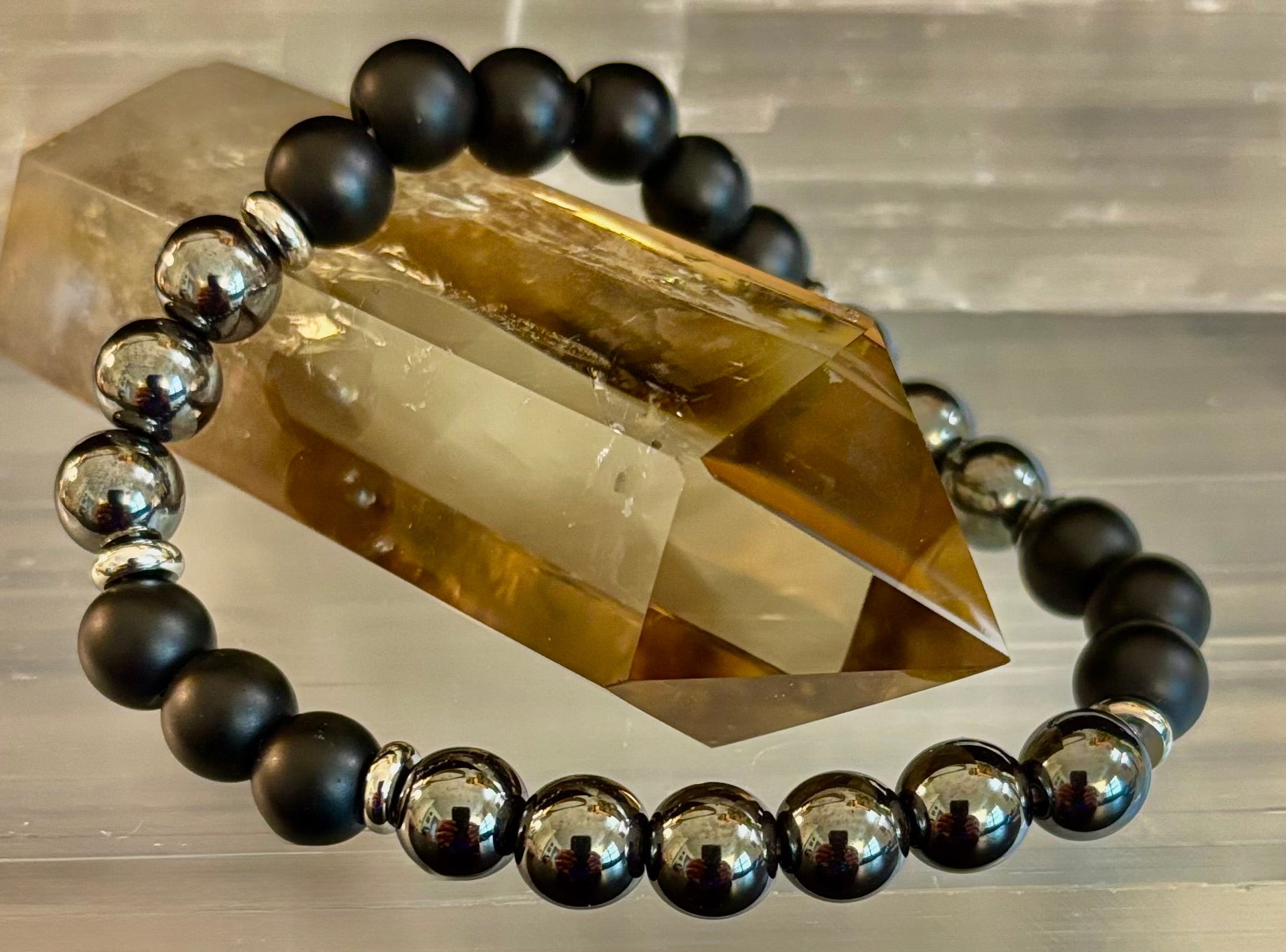 Powerful Protection Bracelet – Black Onyx & Hematite | 8mm Beads | Medium to Large Wrists | | Wiccan Center