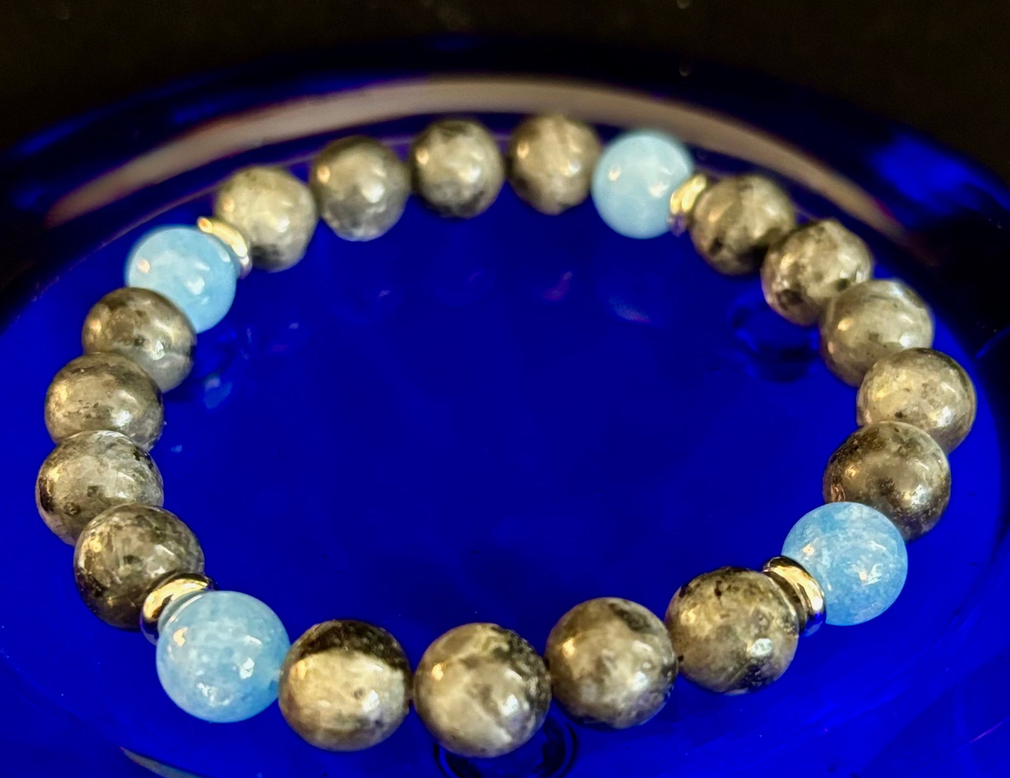 Black Labradorite & Aquamarine Beaded Bracelet – Protection, Calm & Clarity | | Wiccan Center