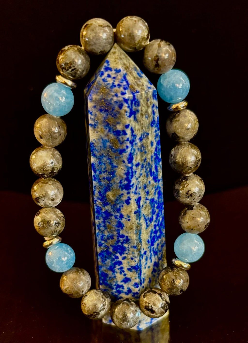Black Labradorite & Aquamarine Beaded Bracelet – Protection, Calm & Clarity | | Wiccan Center