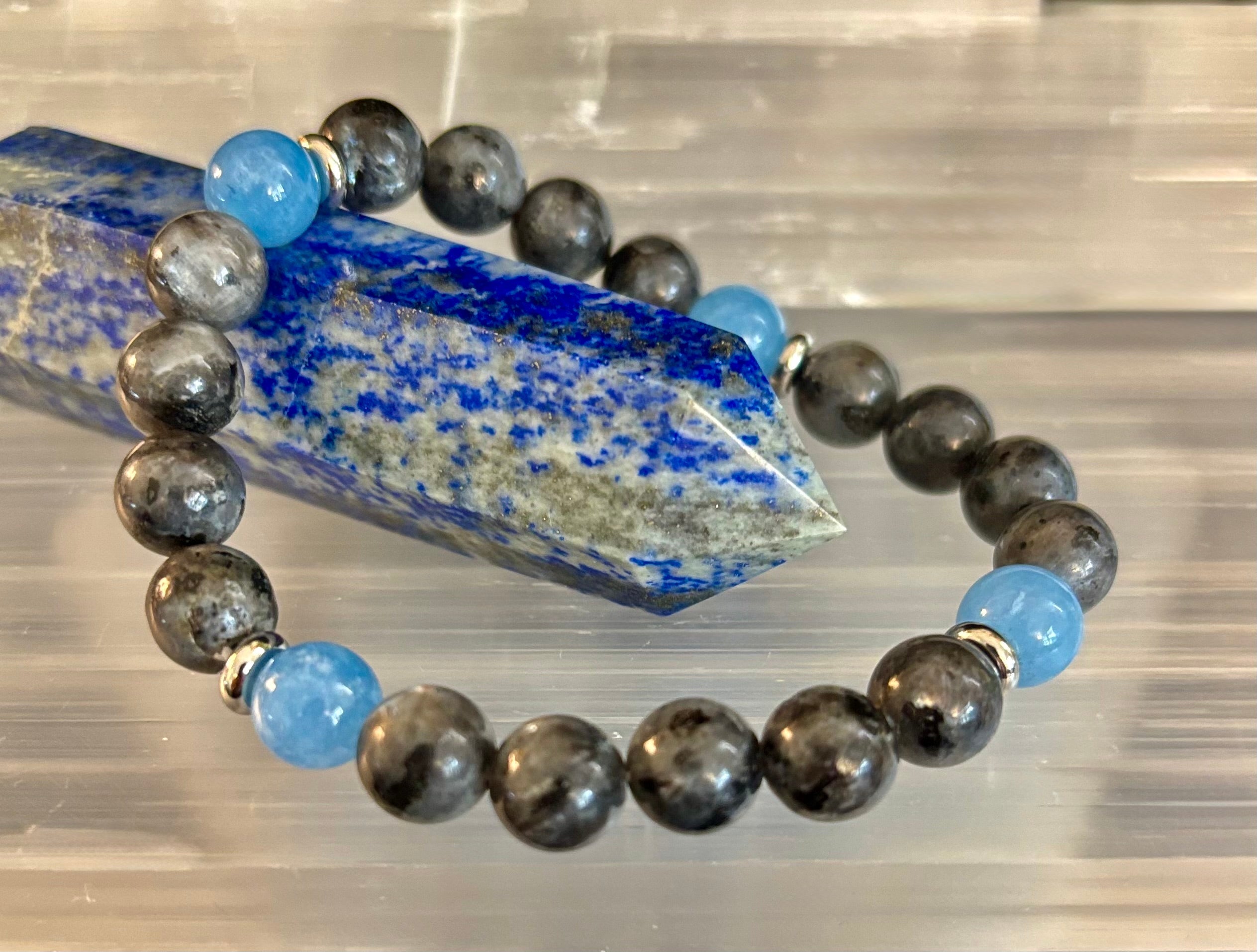 Black Labradorite & Aquamarine Beaded Bracelet – Protection, Calm & Clarity | | Wiccan Center