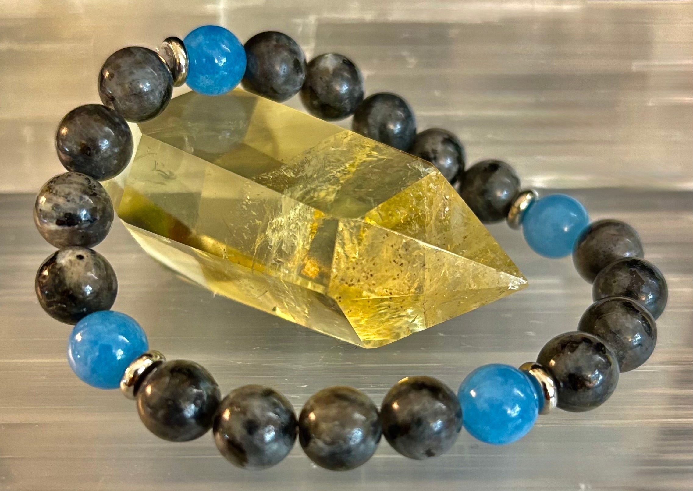 Black Labradorite & Aquamarine Beaded Bracelet – Protection, Calm & Clarity | | Wiccan Center