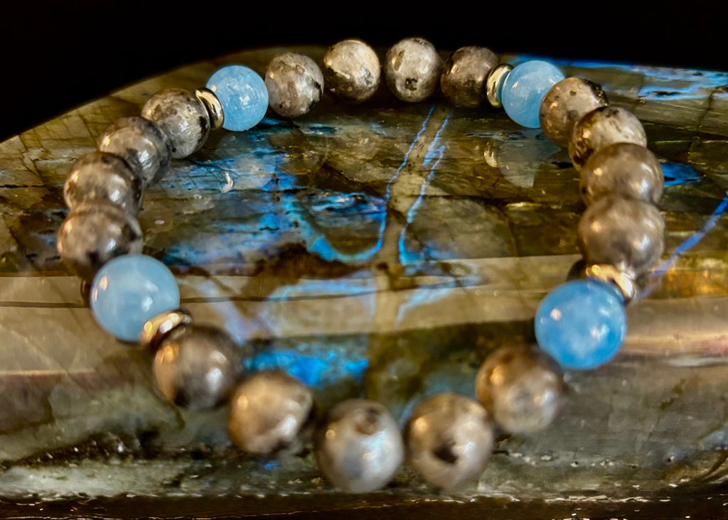 Black Labradorite & Aquamarine Beaded Bracelet – Protection, Calm & Clarity | | Wiccan Center