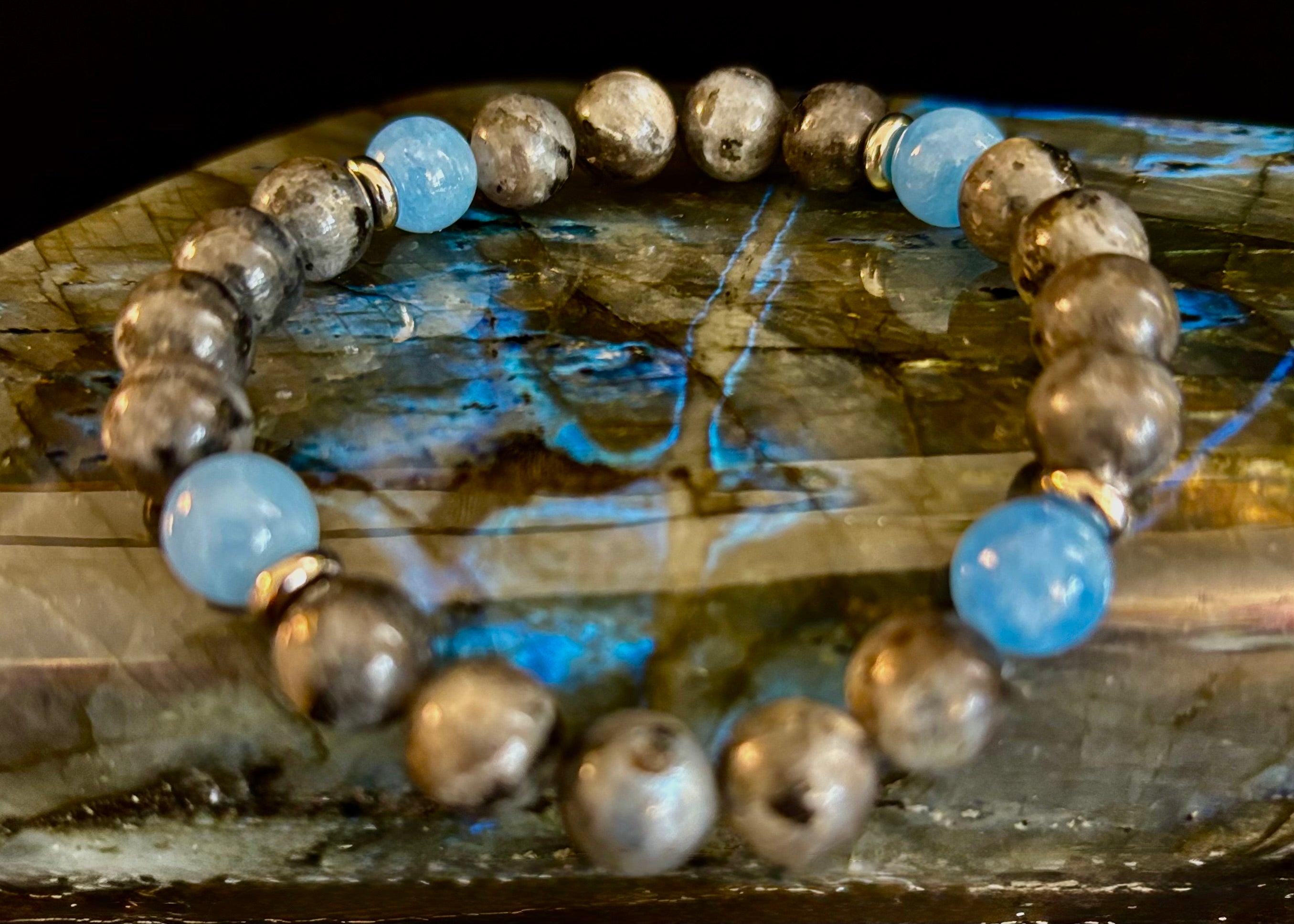 Black Labradorite & Aquamarine Beaded Bracelet – Protection, Calm & Clarity | | Wiccan Center