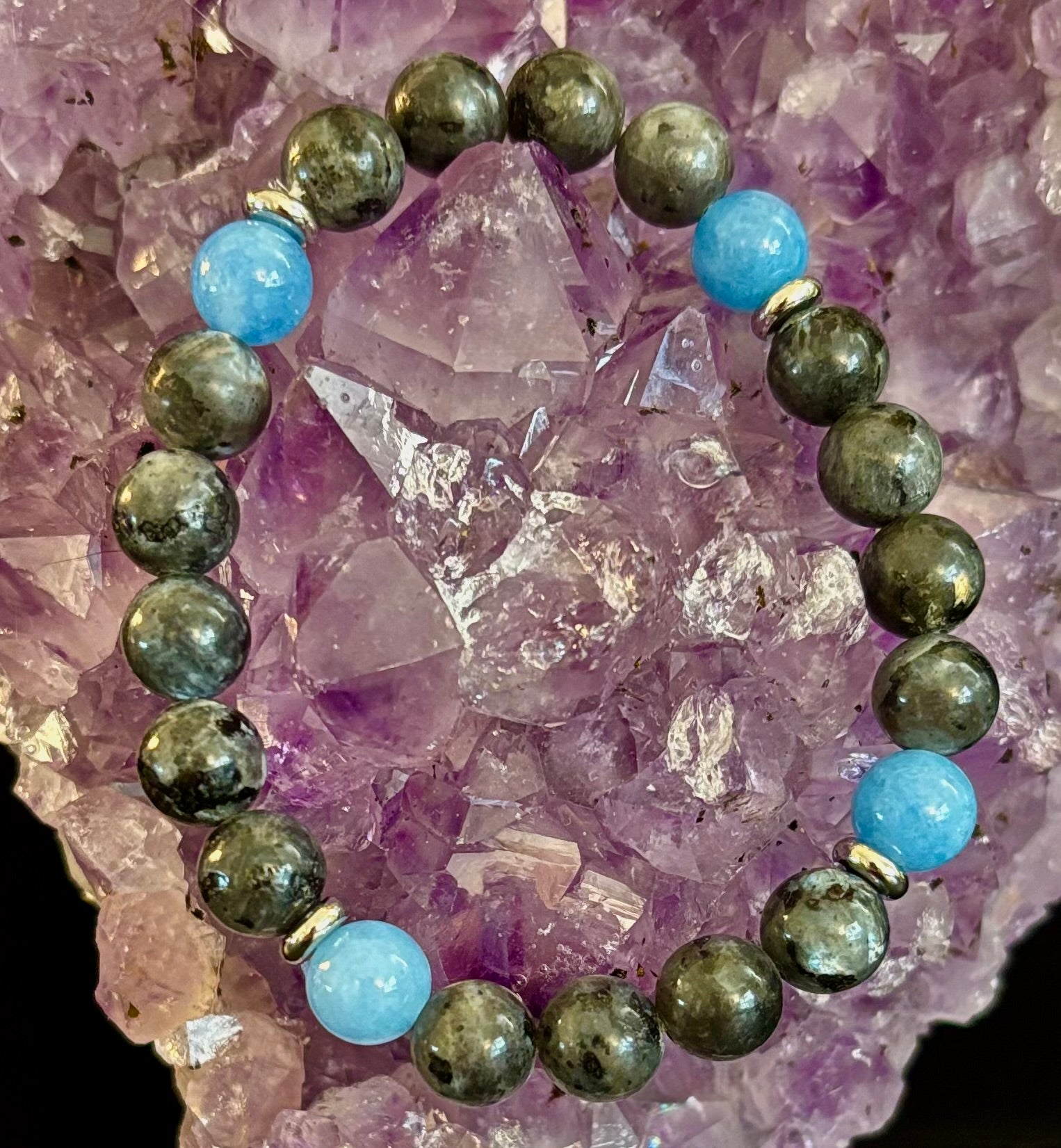 Black Labradorite & Aquamarine Beaded Bracelet – Protection, Calm & Clarity | | Wiccan Center