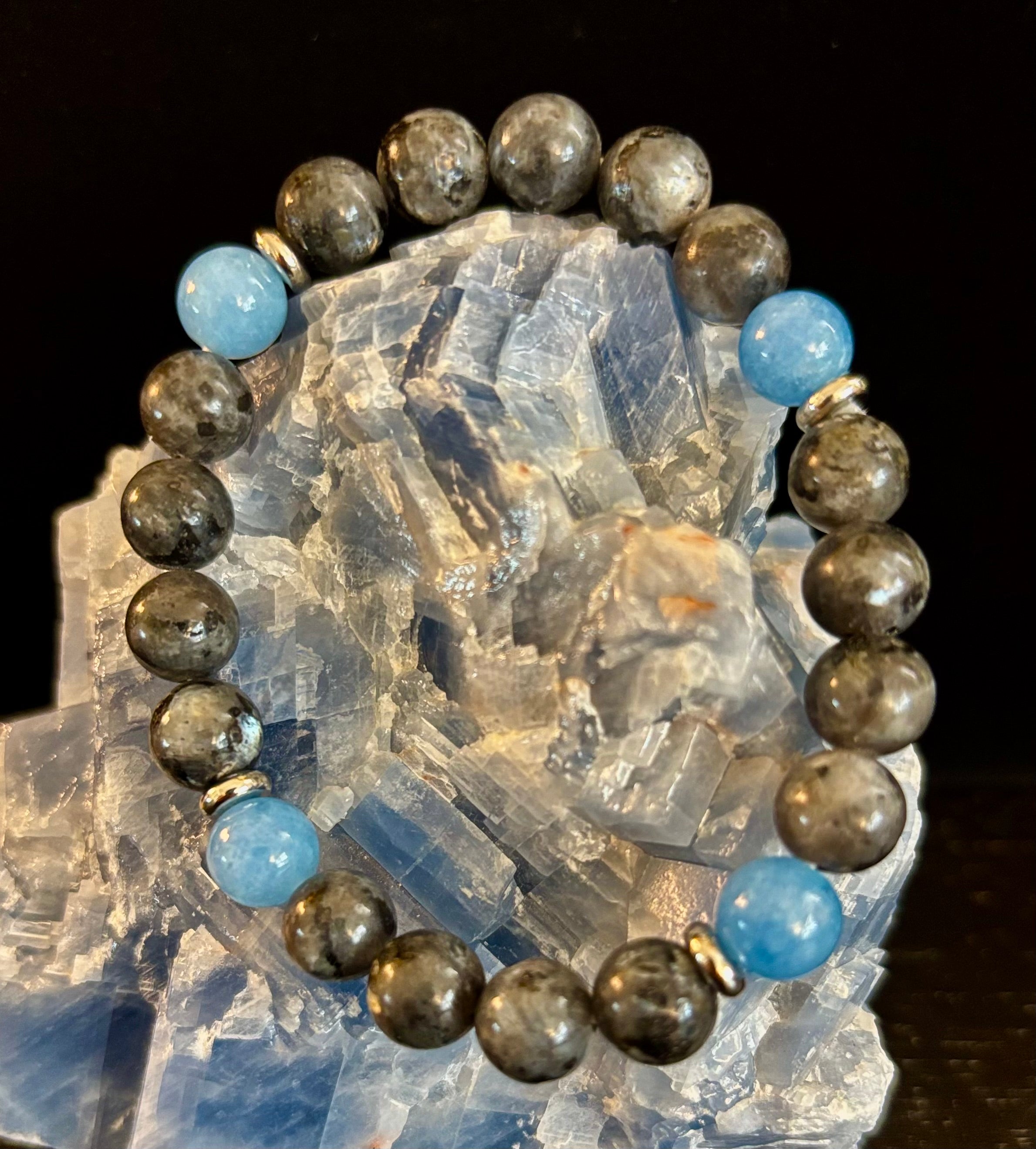 Black Labradorite & Aquamarine Beaded Bracelet – Protection, Calm & Clarity | | Wiccan Center