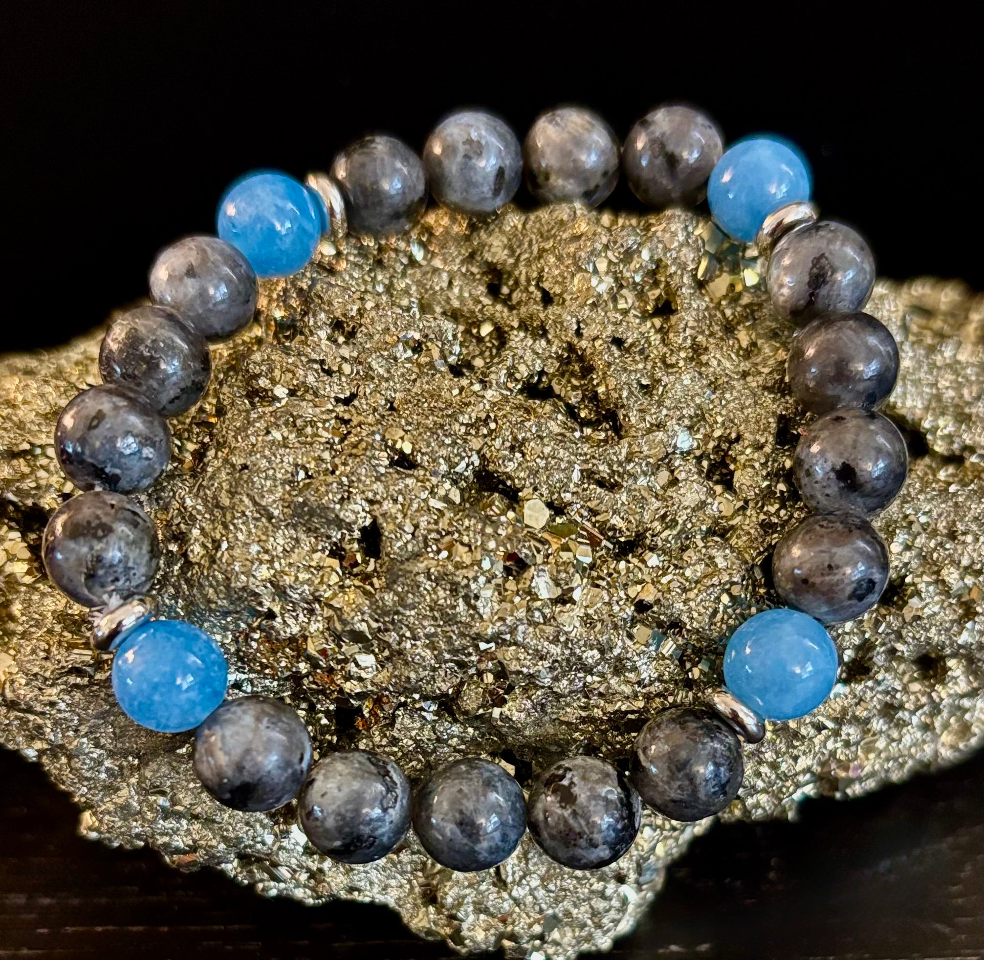 Black Labradorite & Aquamarine Beaded Bracelet – Protection, Calm & Clarity | | Wiccan Center