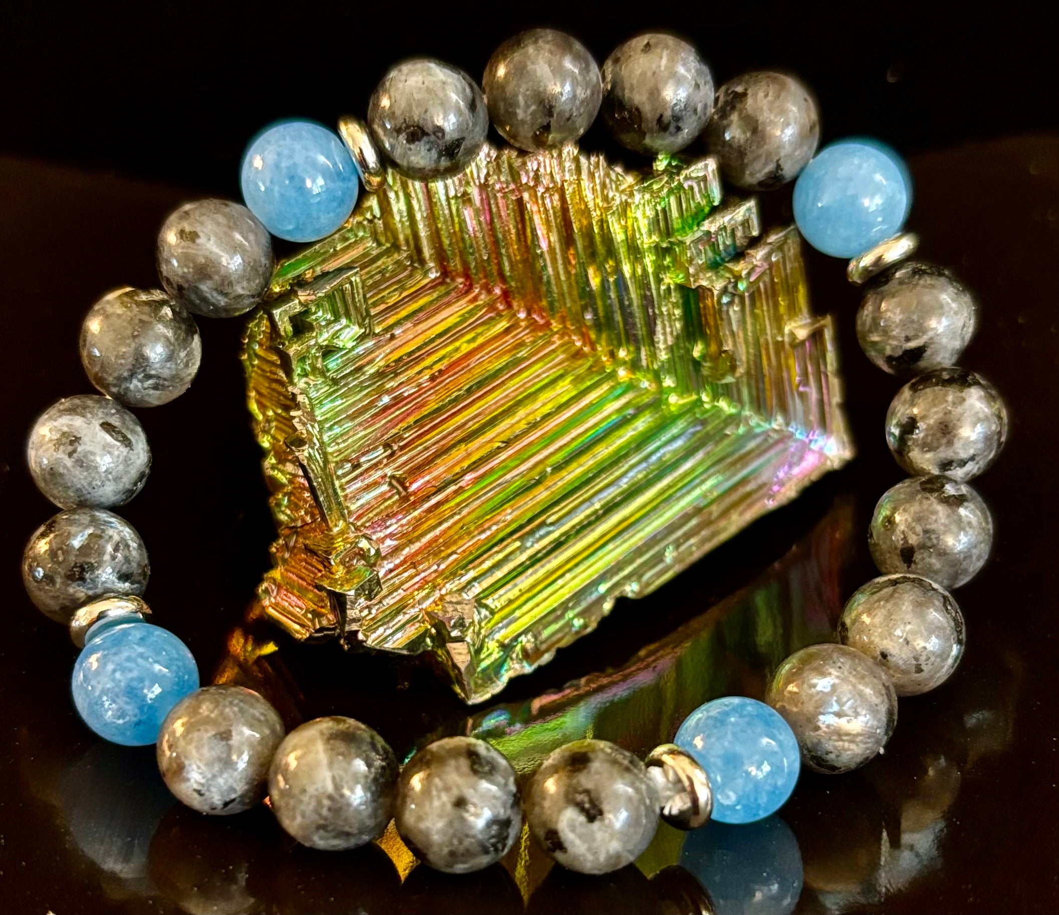 Black Labradorite & Aquamarine Beaded Bracelet – Protection, Calm & Clarity | | Wiccan Center