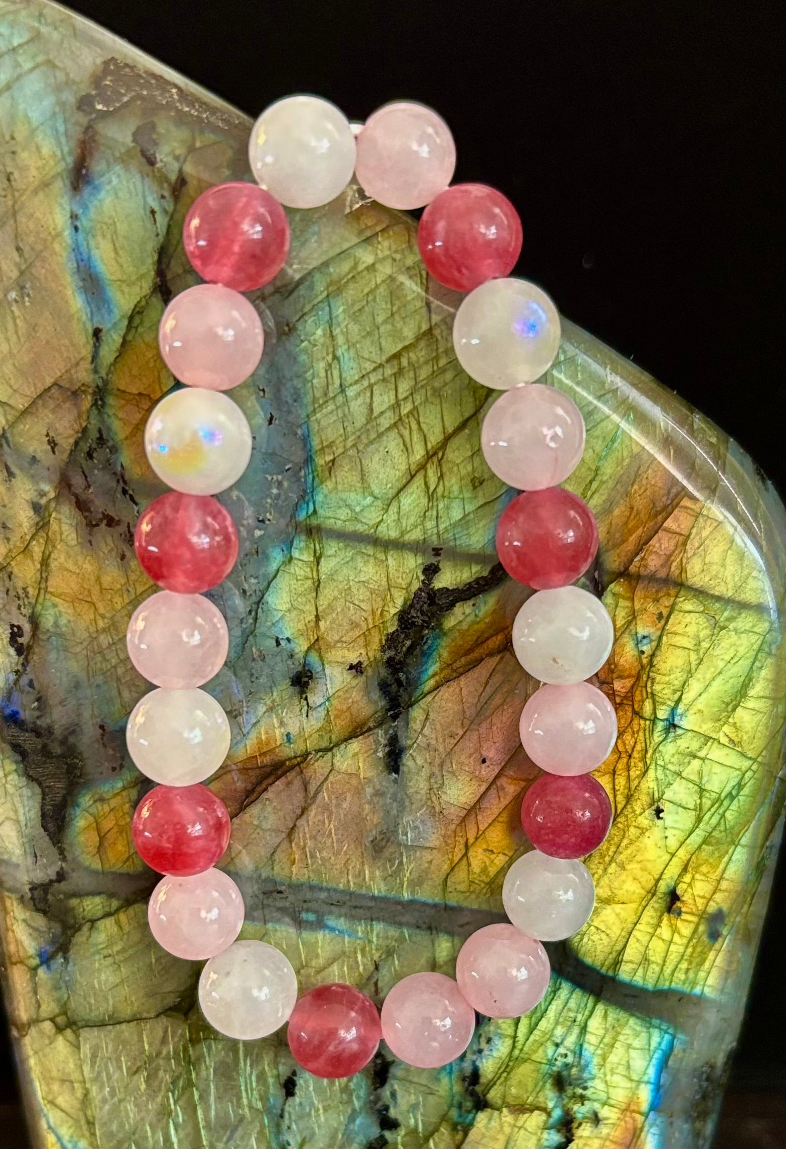 Attracting Love Bracelet – Moonstone, Rose Quartz & Strawberry Quartz | | Wiccan Center