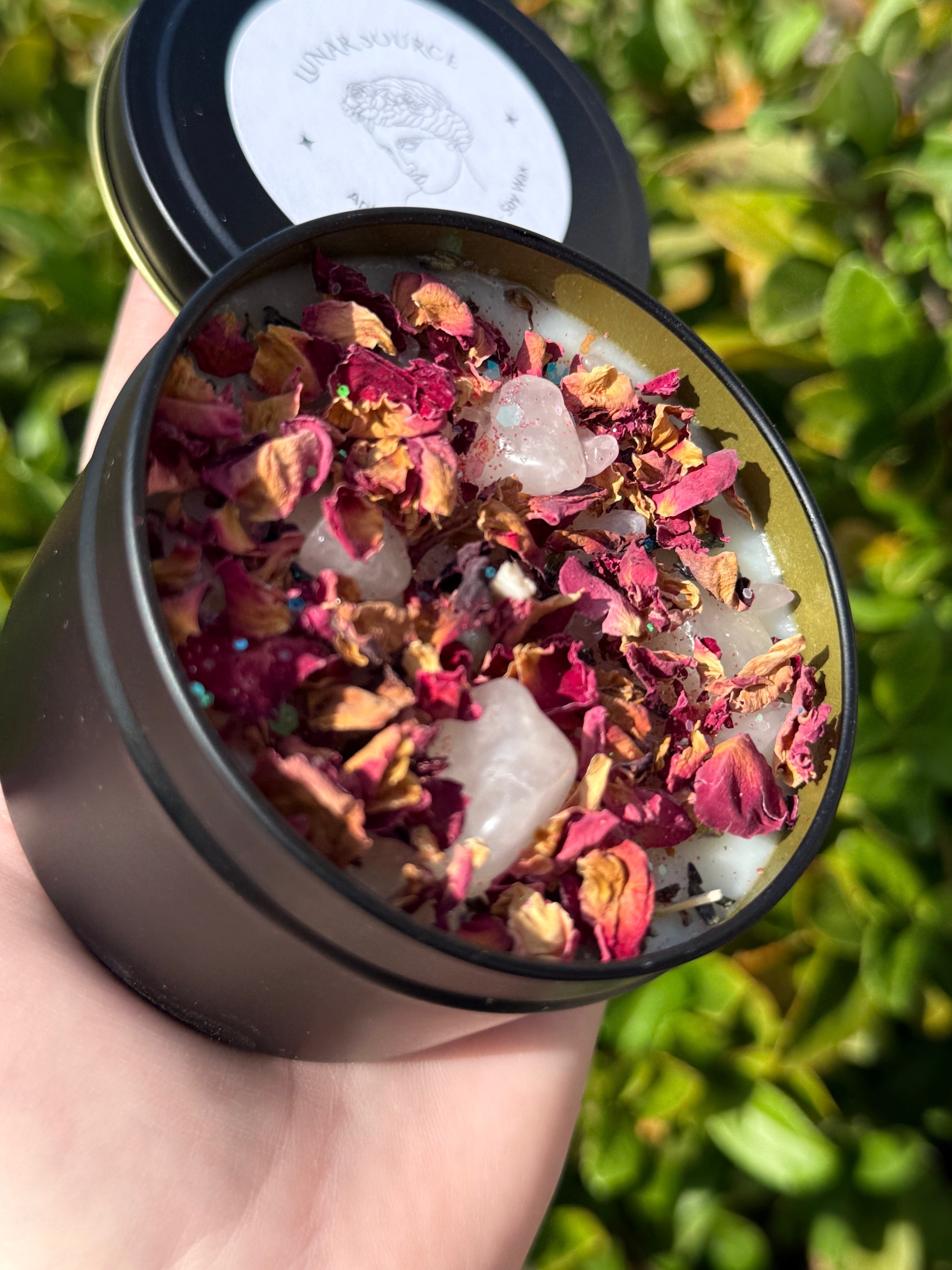 Self Love Herbal Intention Crystal Candle | Rose Petals Lavender Flowers | Altar Spell Inner Self Goddess Venus Gift Scented Rose Quartz | | Wiccan Center