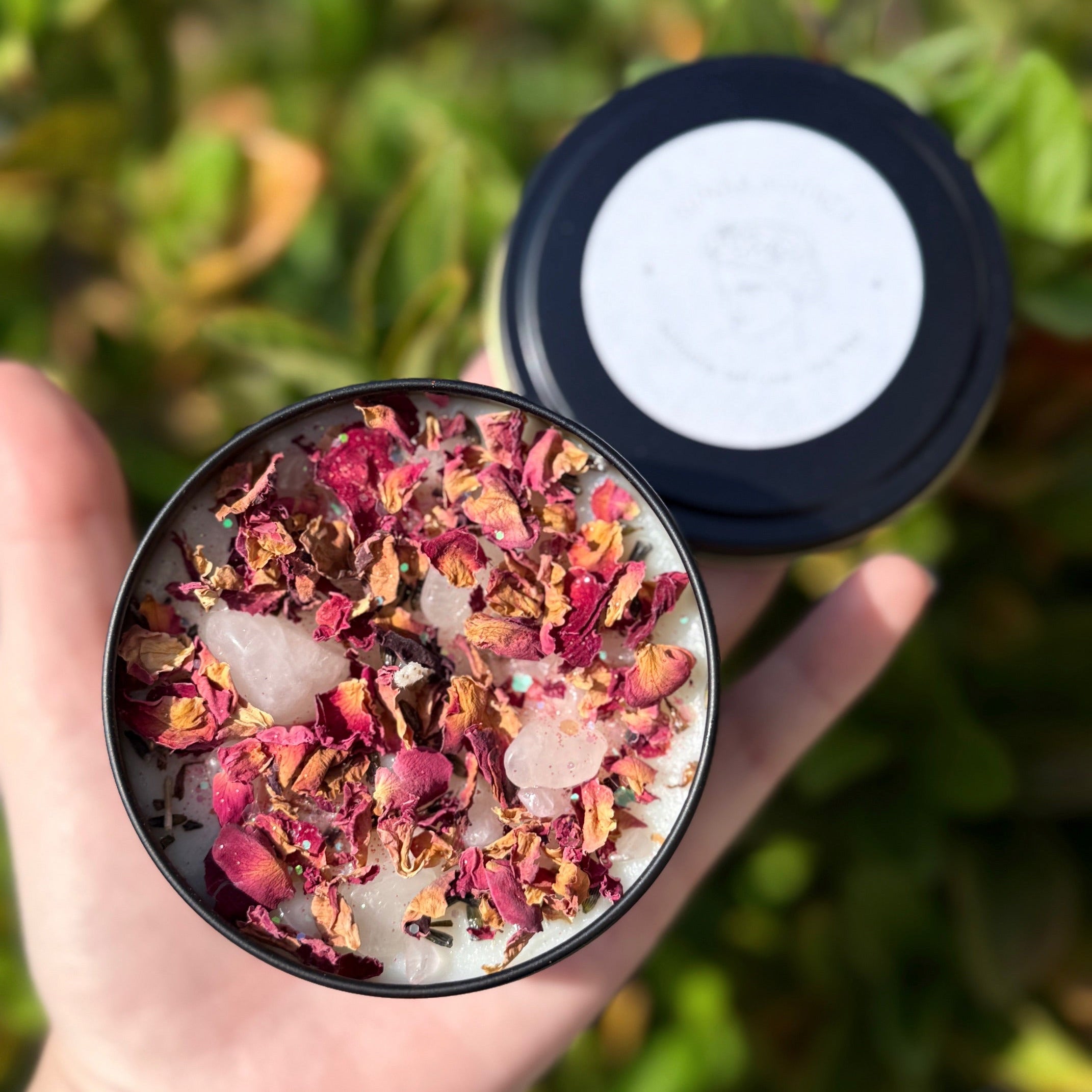Self Love Herbal Intention Crystal Candle | Rose Petals Lavender Flowers | Altar Spell Inner Self Goddess Venus Gift Scented Rose Quartz | | Wiccan Center