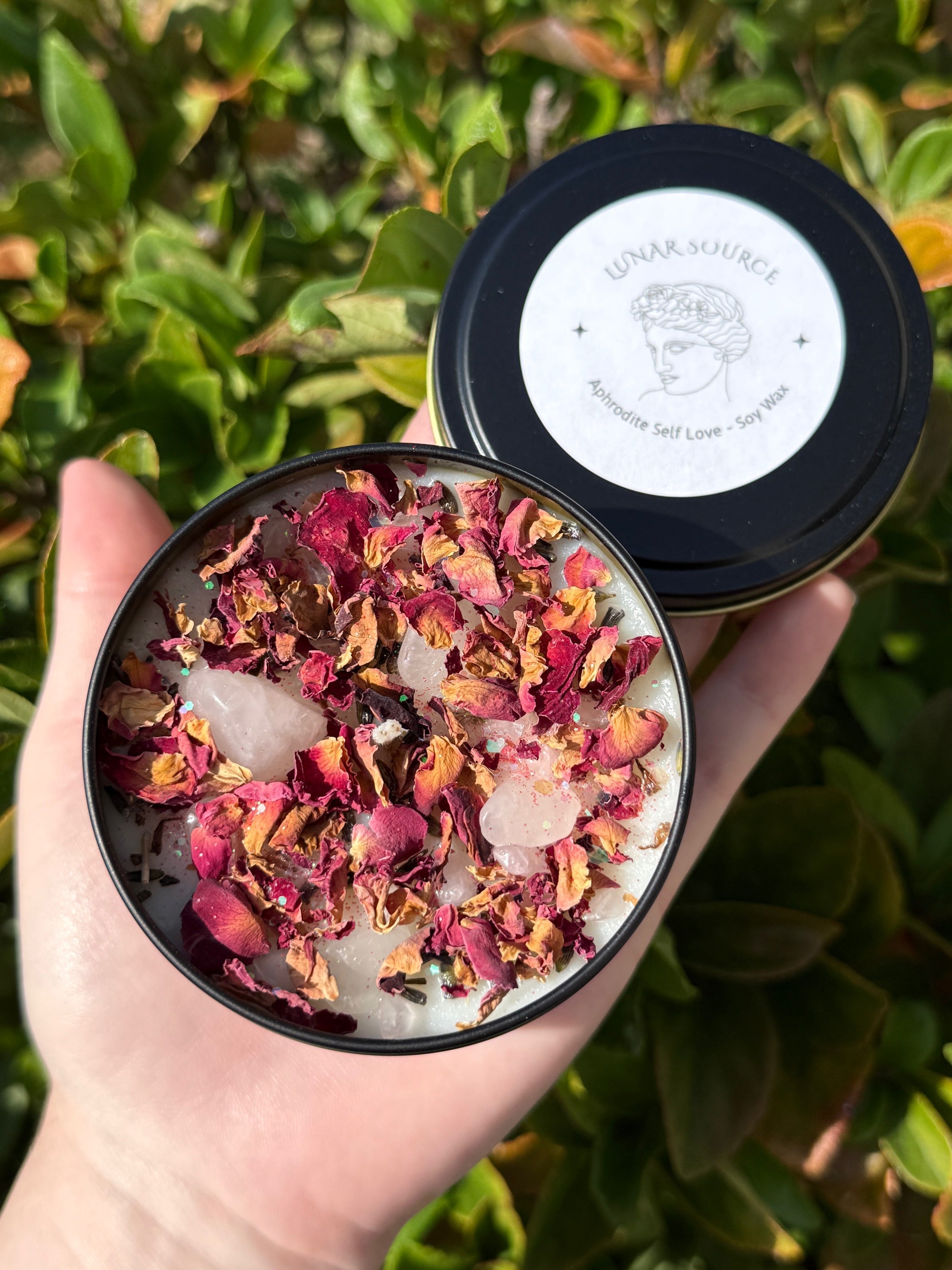 Self Love Herbal Intention Crystal Candle | Rose Petals Lavender Flowers | Altar Spell Inner Self Goddess Venus Gift Scented Rose Quartz | | Wiccan Center