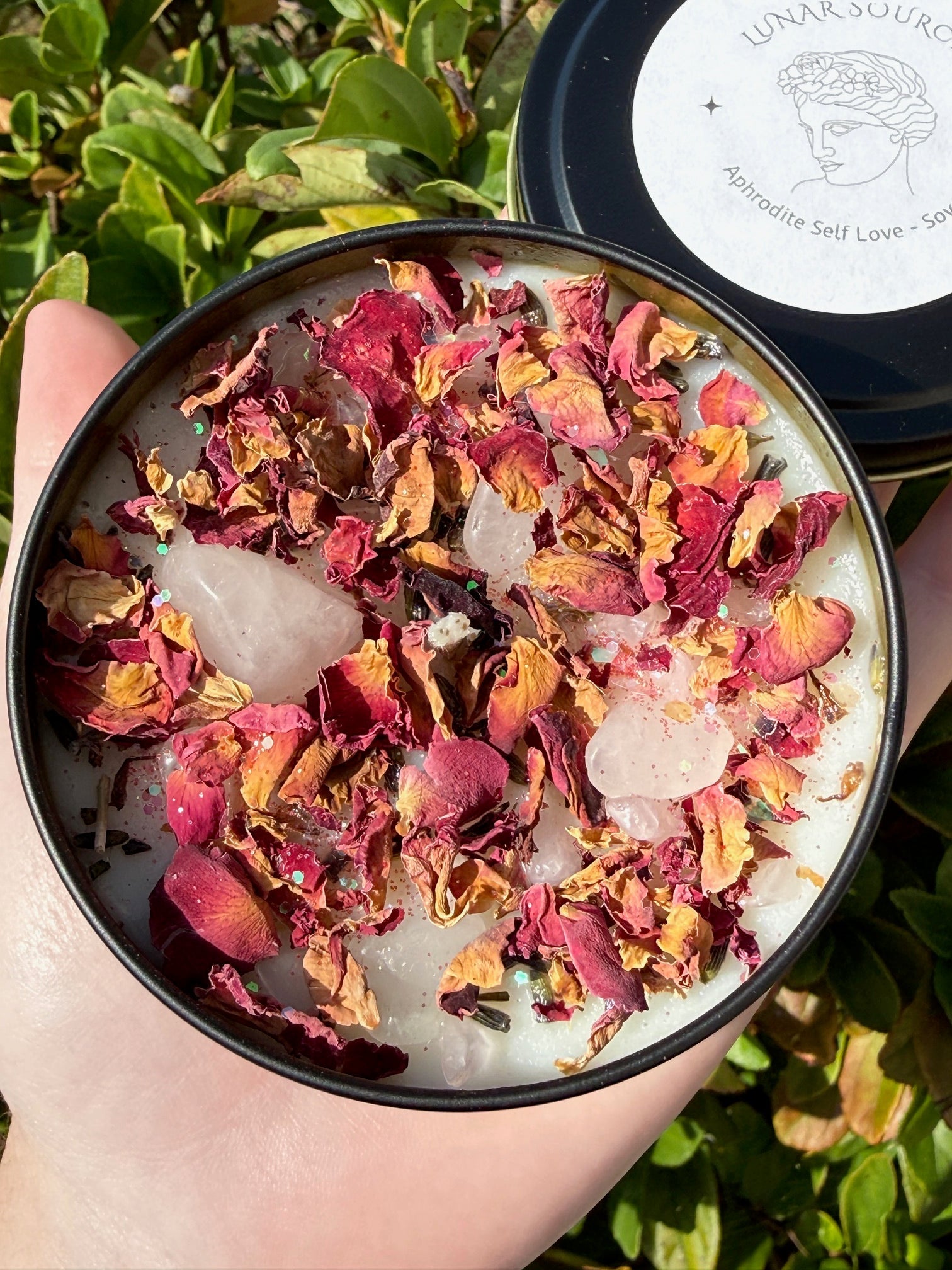 Self Love Herbal Intention Crystal Candle | Rose Petals Lavender Flowers | Altar Spell Inner Self Goddess Venus Gift Scented Rose Quartz | | Wiccan Center