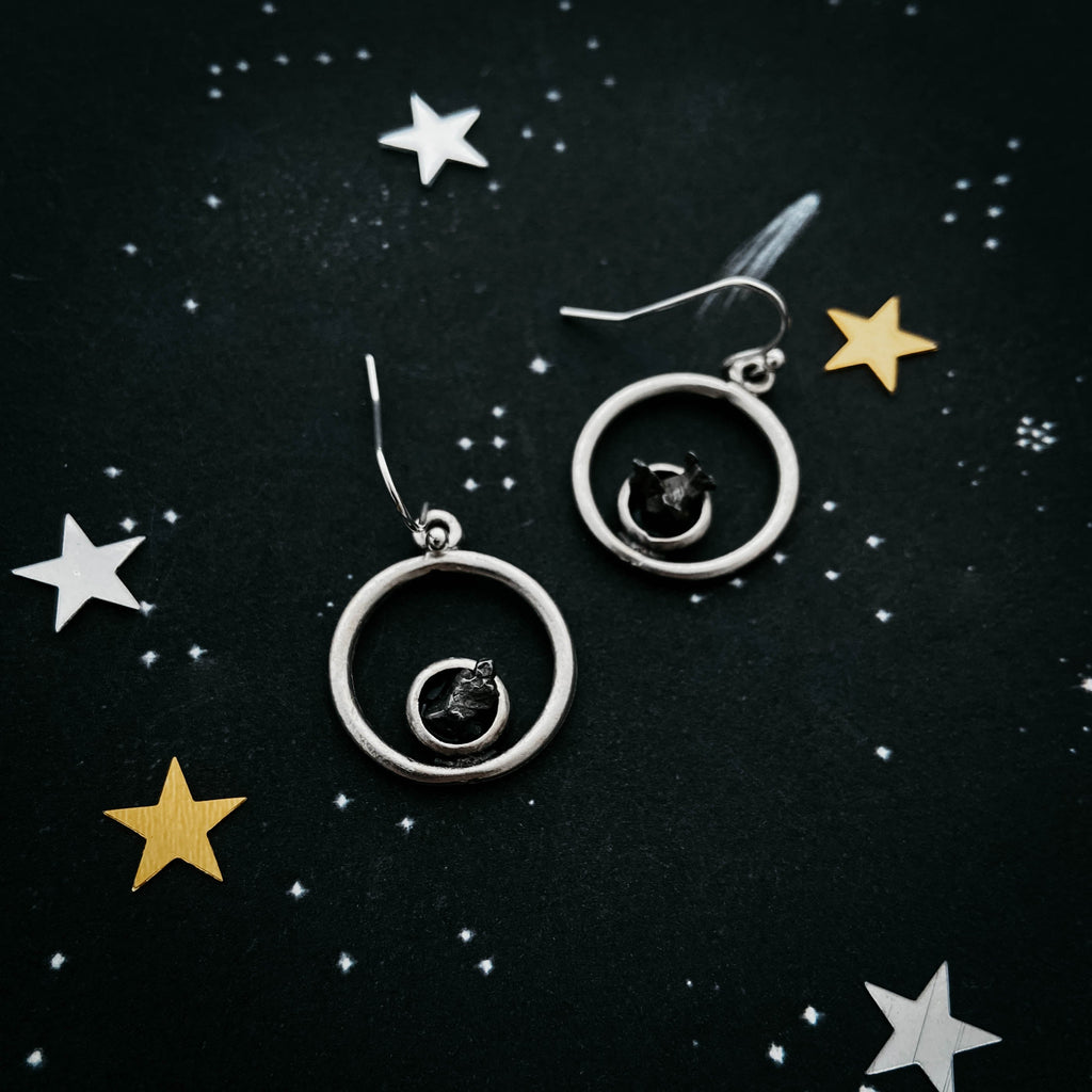 Circle Silver Earrings with Raw Meteorite | Earrings | Wiccan Center