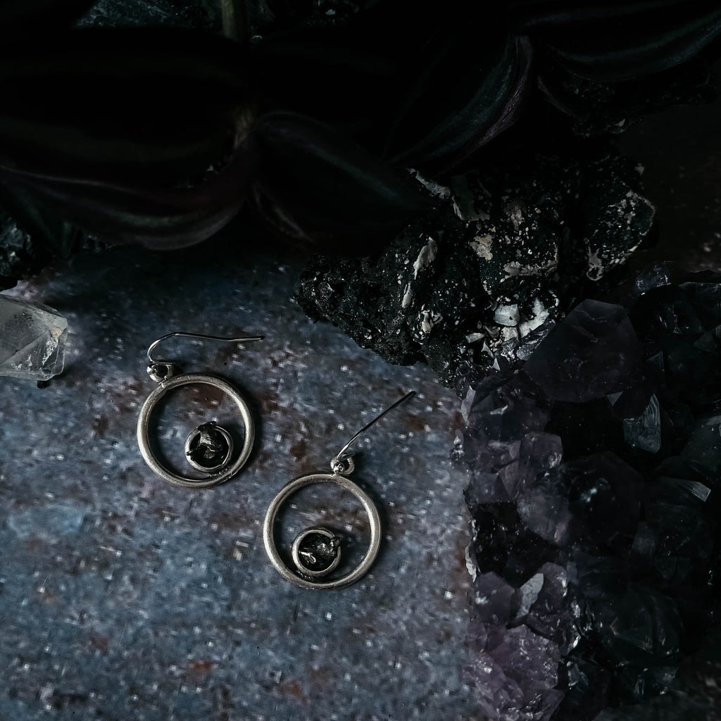 Circle Silver Earrings with Raw Meteorite | Earrings | Wiccan Center