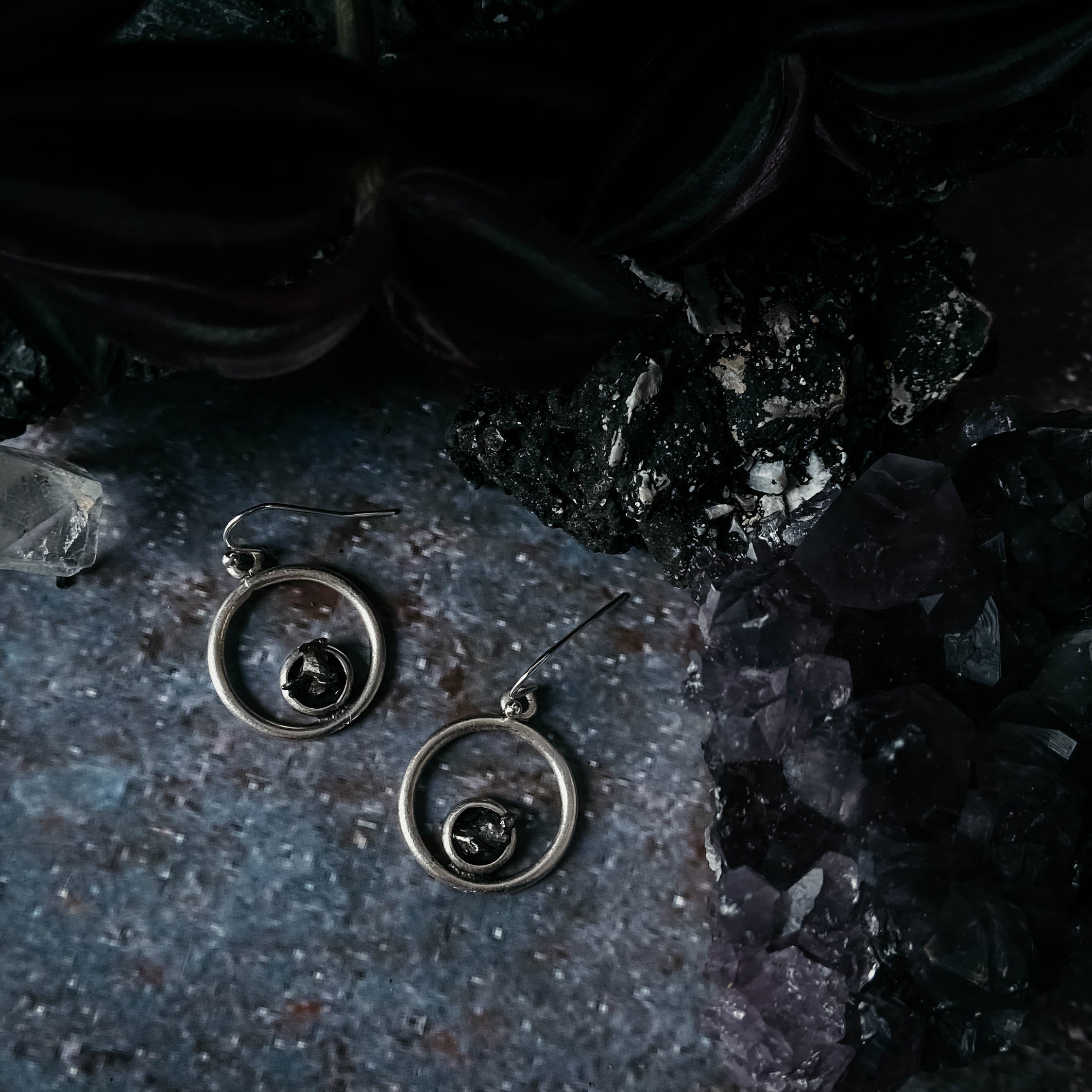 Circle Silver Earrings with Raw Meteorite | Earrings | Wiccan Center
