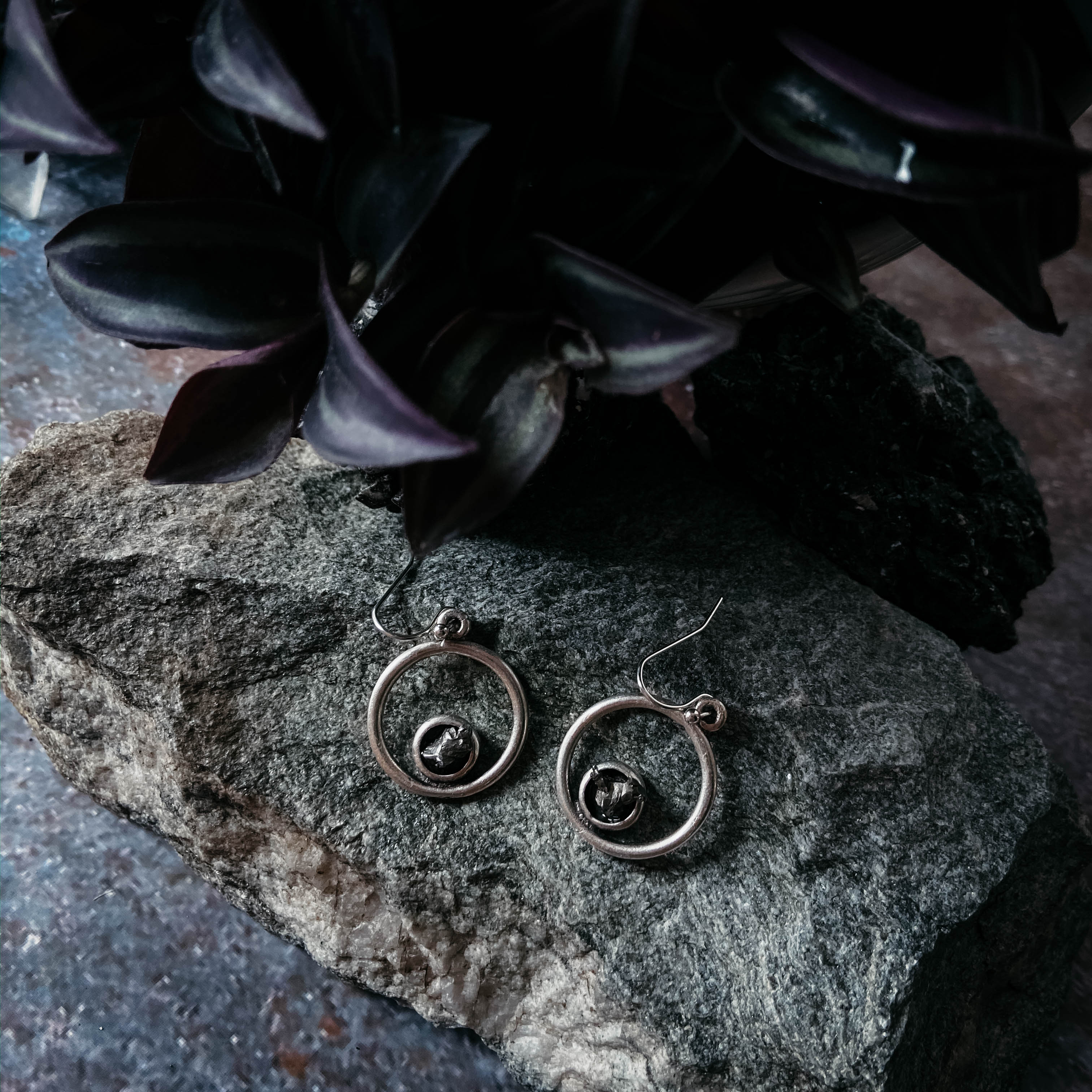 Circle Silver Earrings with Raw Meteorite | Earrings | Wiccan Center