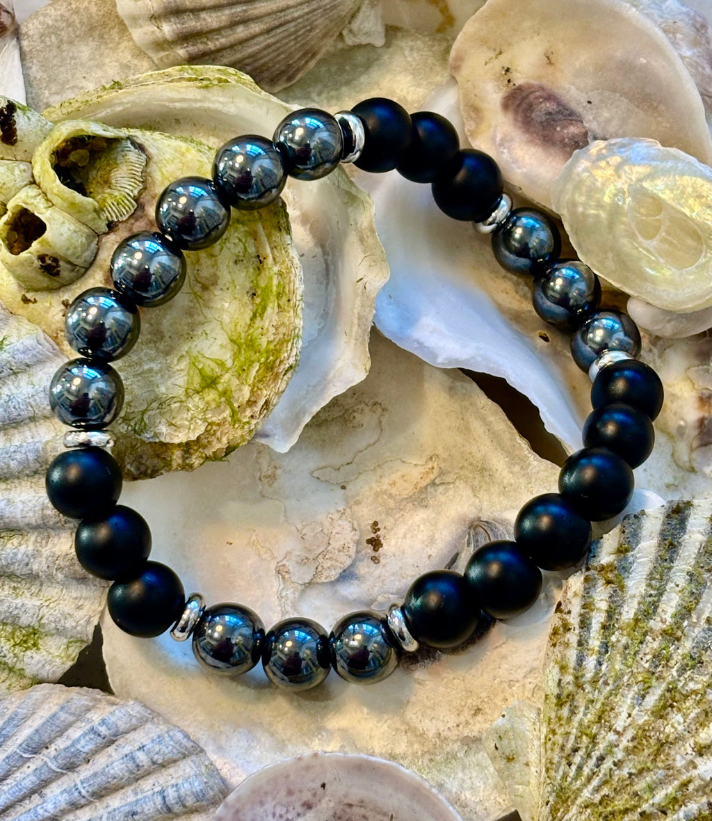 Powerful Protection Bracelet – Black Onyx & Hematite | 8mm Beads | Medium to Large Wrists | | Wiccan Center