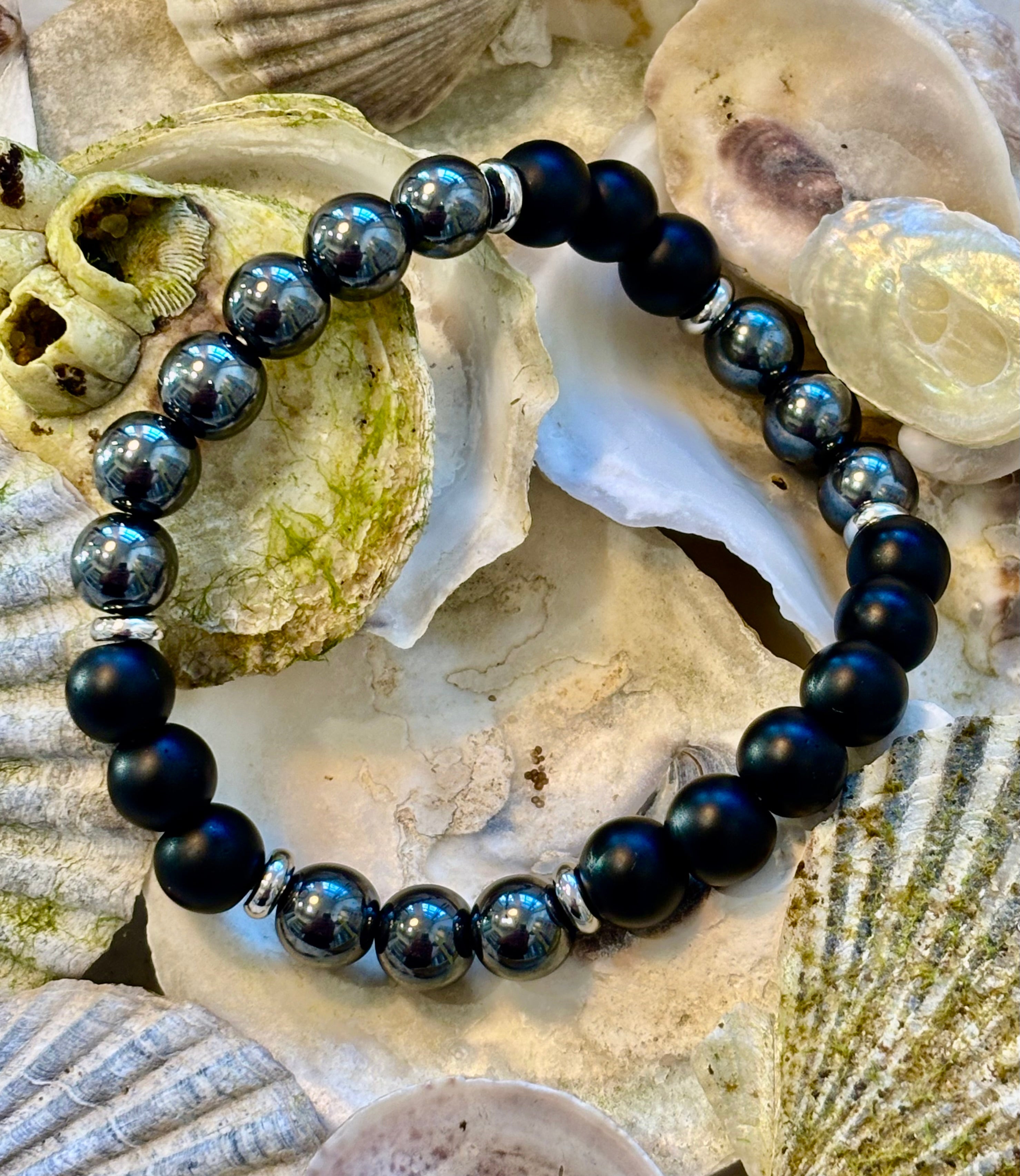 Powerful Protection Bracelet – Black Onyx & Hematite | 8mm Beads | Medium to Large Wrists | | Wiccan Center