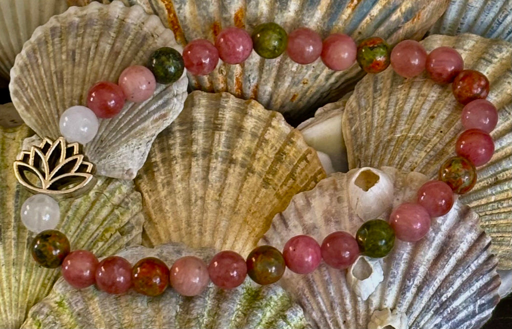 Chakra Healing Bracelet – Rose Quartz, Rhodonite & Unakite – 6mm Natural Stone Beads with Lotus Charm | | Wiccan Center