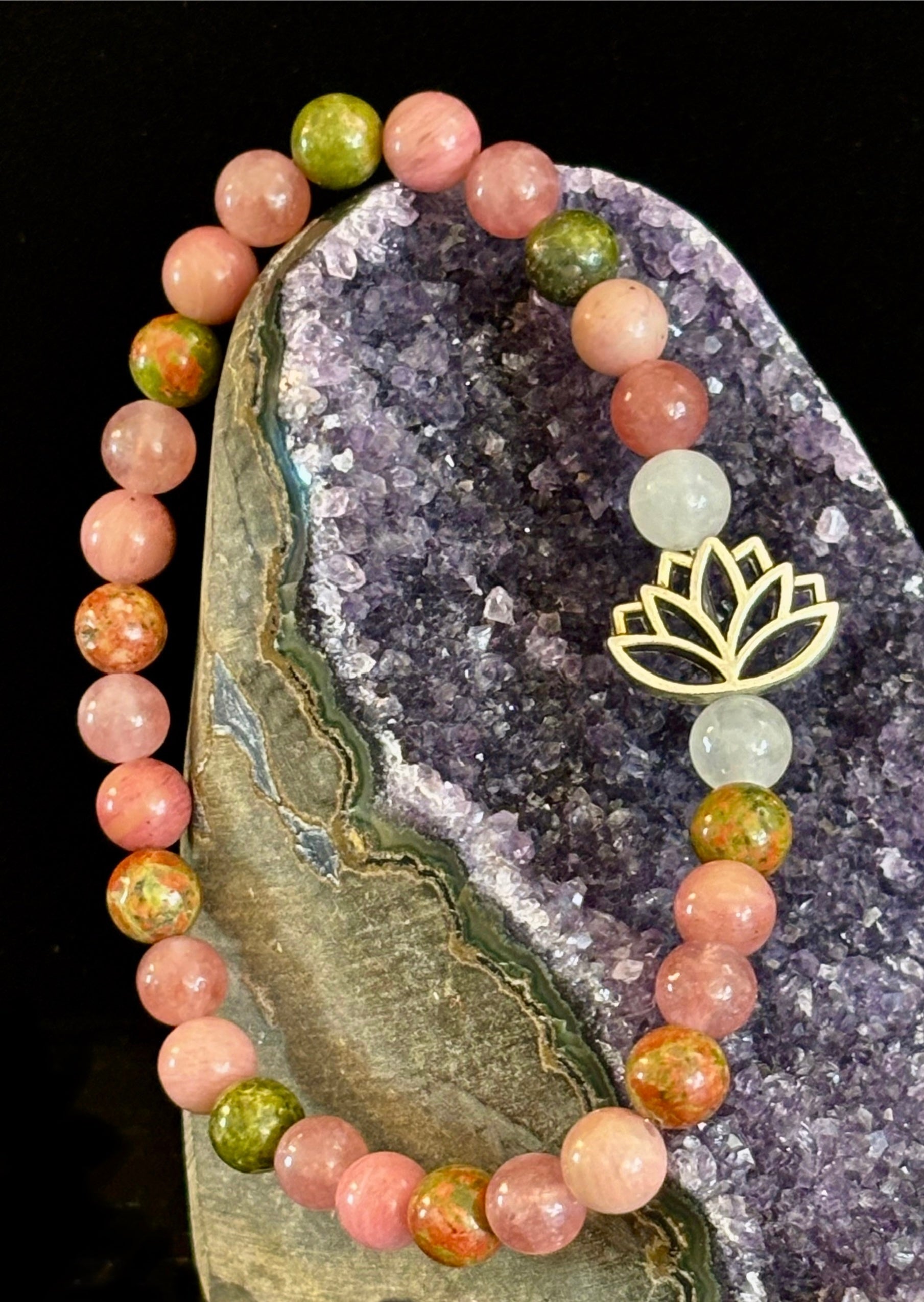 Chakra Healing Bracelet – Rose Quartz, Rhodonite & Unakite – 6mm Natural Stone Beads with Lotus Charm | | Wiccan Center