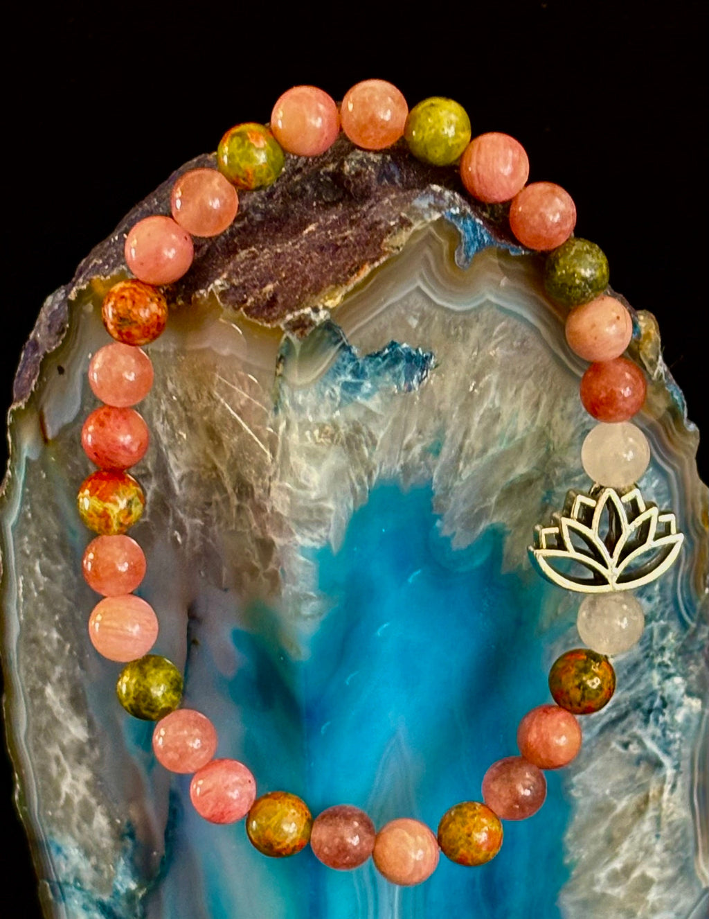 Chakra Healing Bracelet – Rose Quartz, Rhodonite & Unakite – 6mm Natural Stone Beads with Lotus Charm | | Wiccan Center