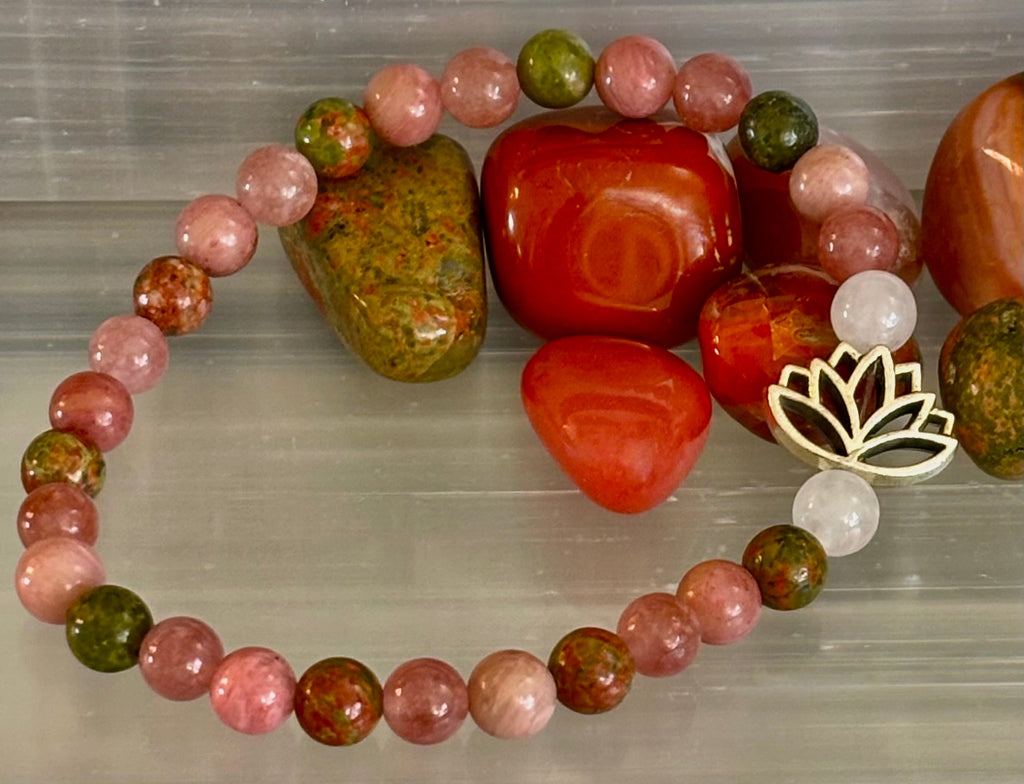 Chakra Healing Bracelet – Rose Quartz, Rhodonite & Unakite – 6mm Natural Stone Beads with Lotus Charm | | Wiccan Center