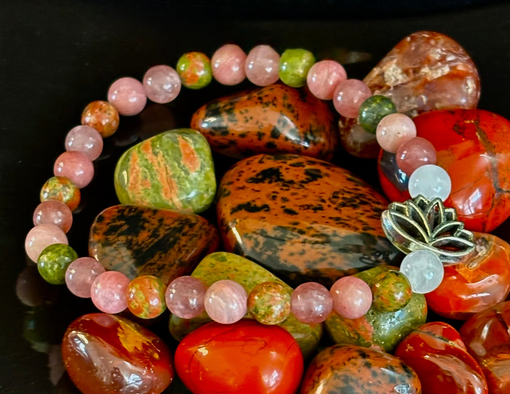 Chakra Healing Bracelet – Rose Quartz, Rhodonite & Unakite – 6mm Natural Stone Beads with Lotus Charm | | Wiccan Center