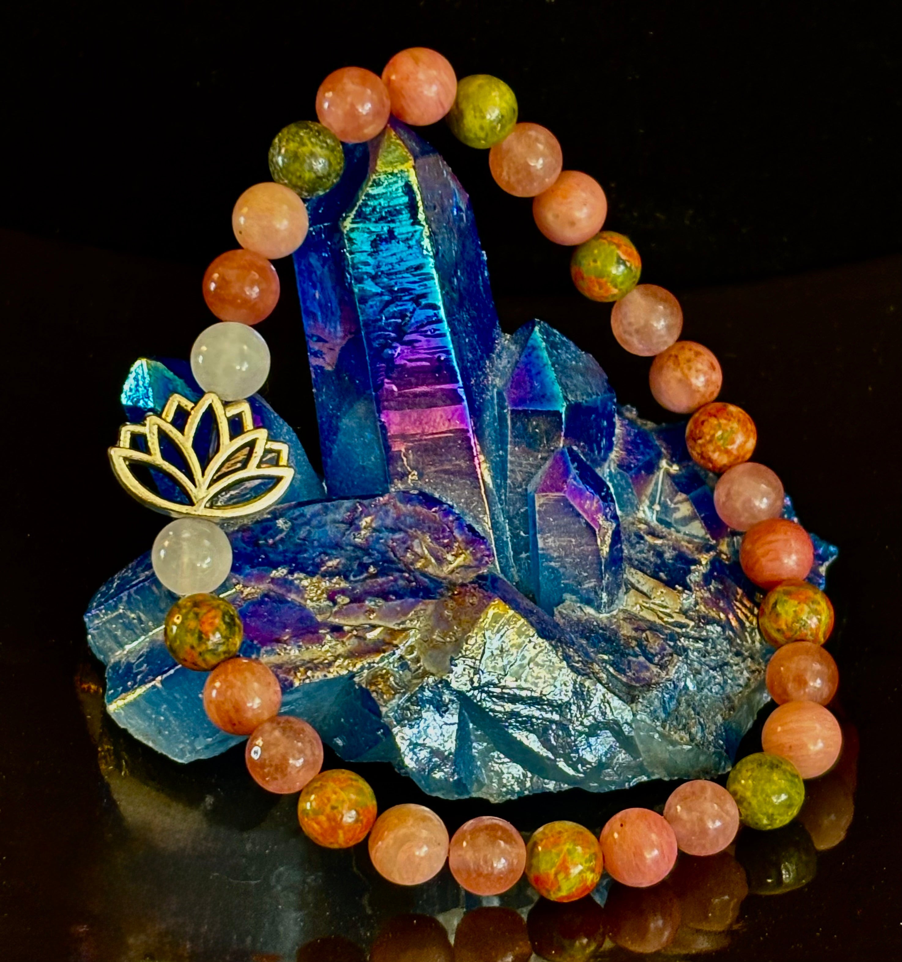 Chakra Healing Bracelet – Rose Quartz, Rhodonite & Unakite – 6mm Natural Stone Beads with Lotus Charm | | Wiccan Center