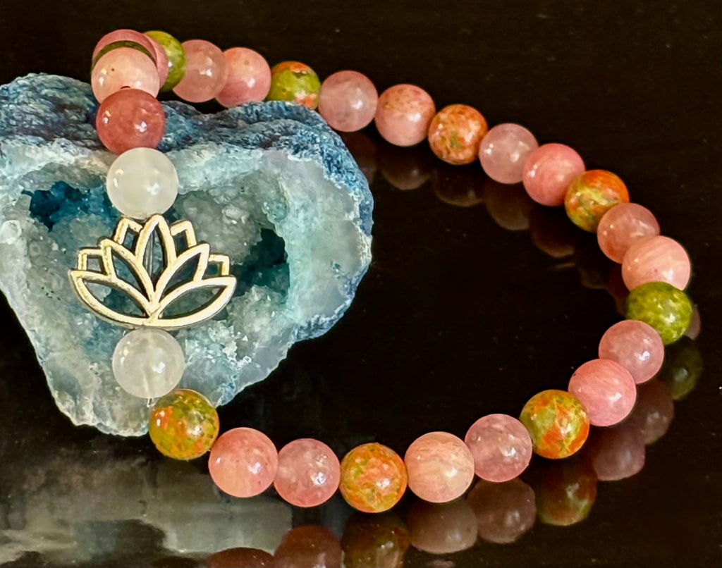 Chakra Healing Bracelet – Rose Quartz, Rhodonite & Unakite – 6mm Natural Stone Beads with Lotus Charm | | Wiccan Center