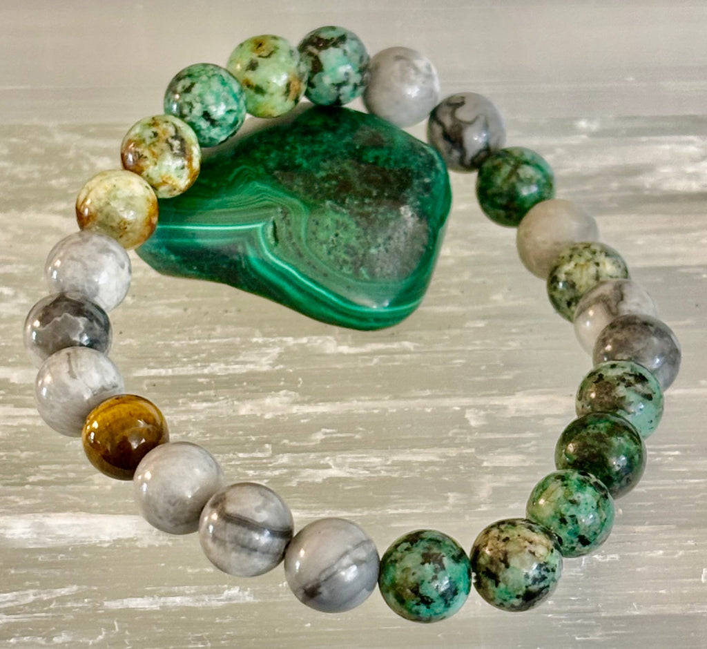 Tranquil Power Bracelet – African Turquoise, Tiger Eye & Map Stone (Large Wrists) | | Wiccan Center