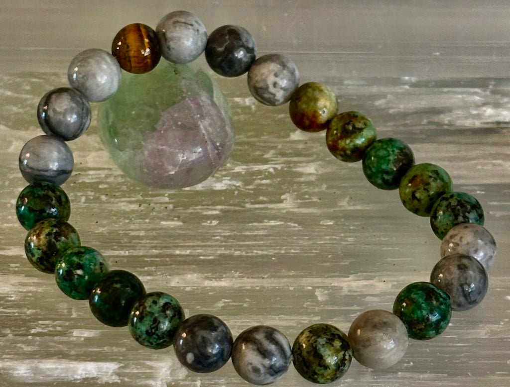 Tranquil Power Bracelet – African Turquoise, Tiger Eye & Map Stone (Large Wrists) | | Wiccan Center