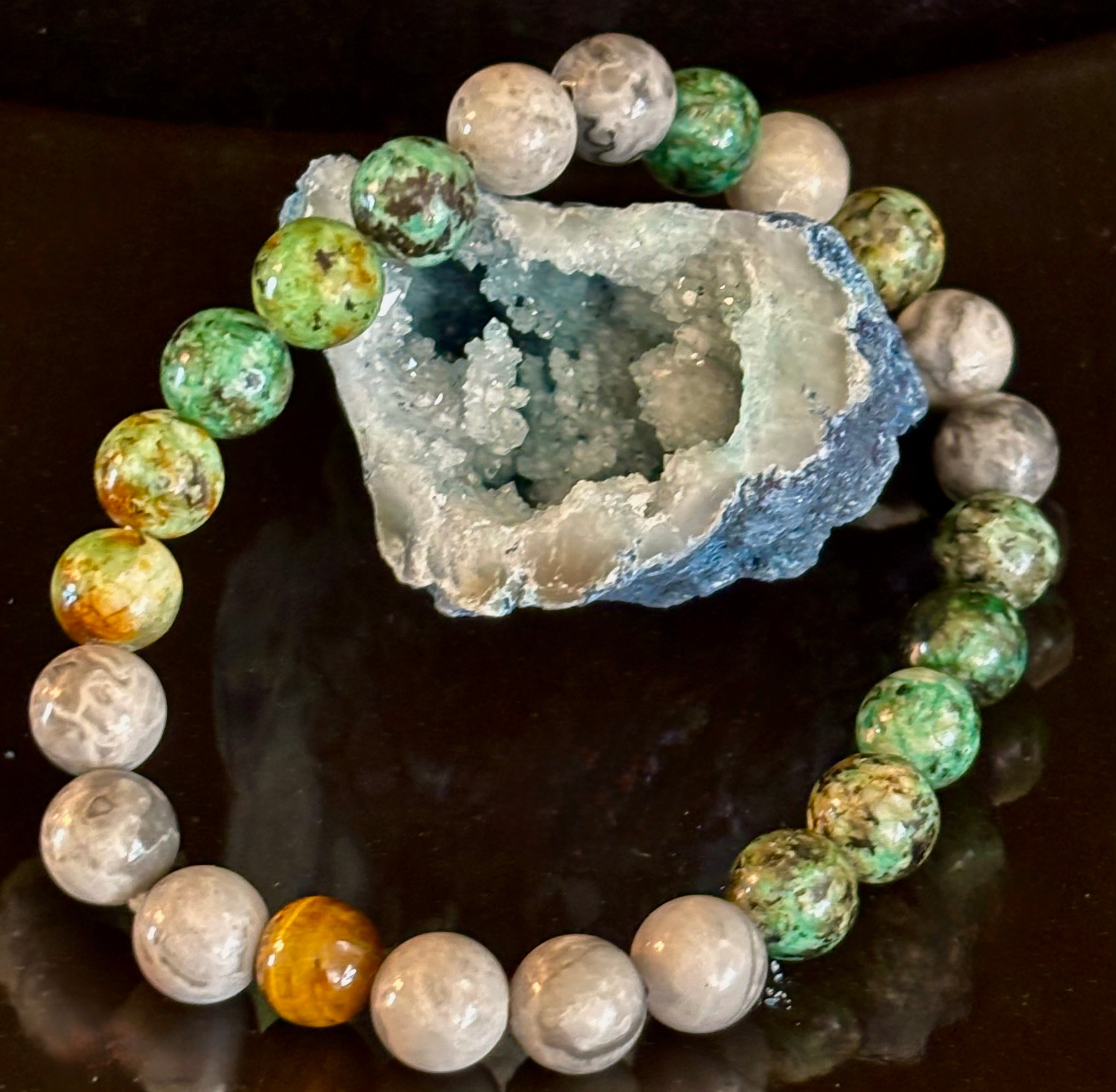 Tranquil Power Bracelet – African Turquoise, Tiger Eye & Map Stone (Large Wrists) | | Wiccan Center