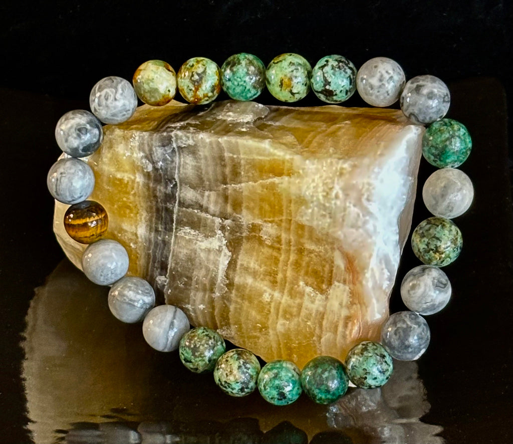Tranquil Power Bracelet – African Turquoise, Tiger Eye & Map Stone (Large Wrists) | | Wiccan Center