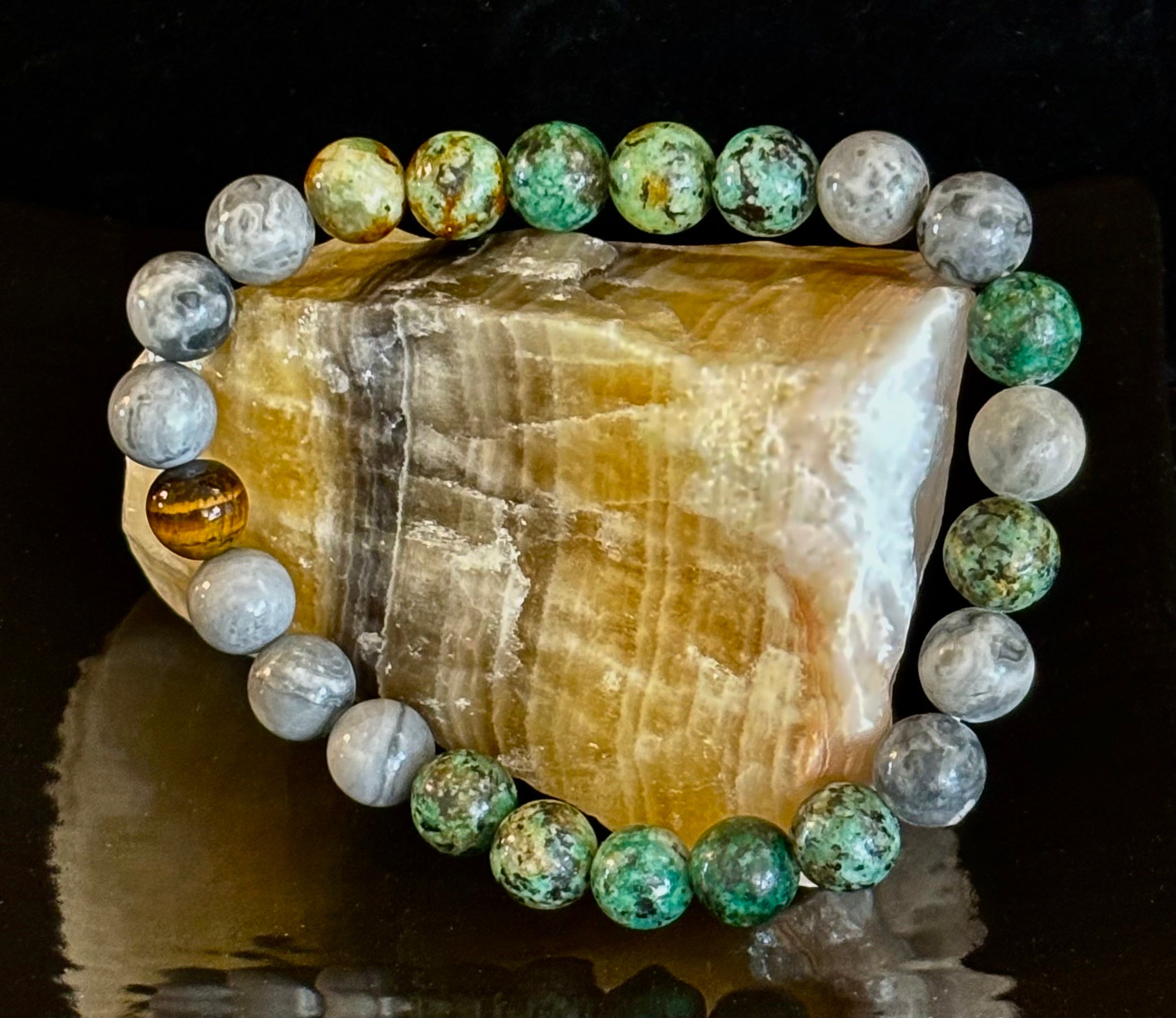 Tranquil Power Bracelet – African Turquoise, Tiger Eye & Map Stone (Large Wrists) | | Wiccan Center