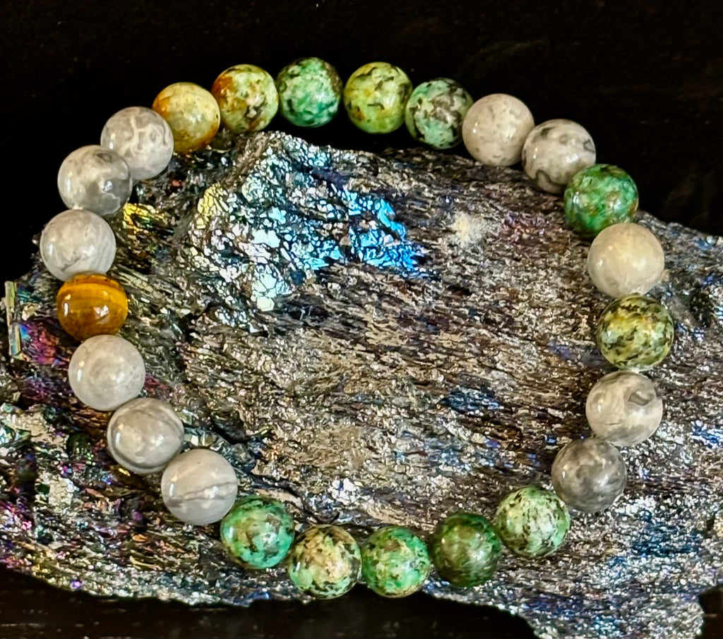 Tranquil Power Bracelet – African Turquoise, Tiger Eye & Map Stone (Large Wrists) | | Wiccan Center