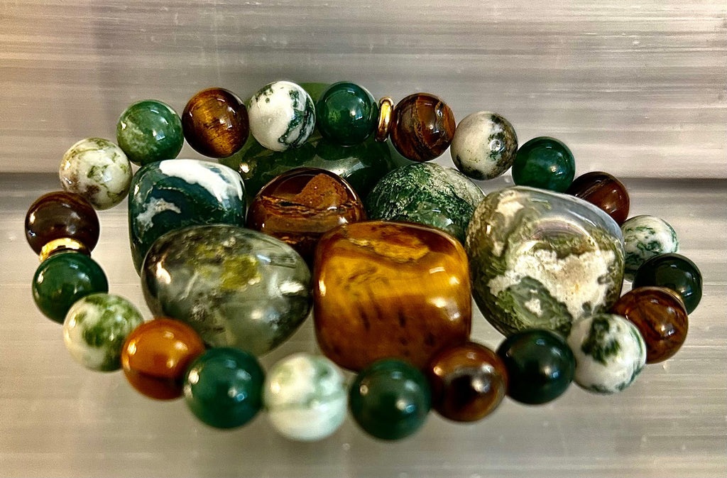 Moss Agate & Tiger Eye Gemstone Bracelet – 8mm Beads for Strength, Healing & Protection | | Wiccan Center