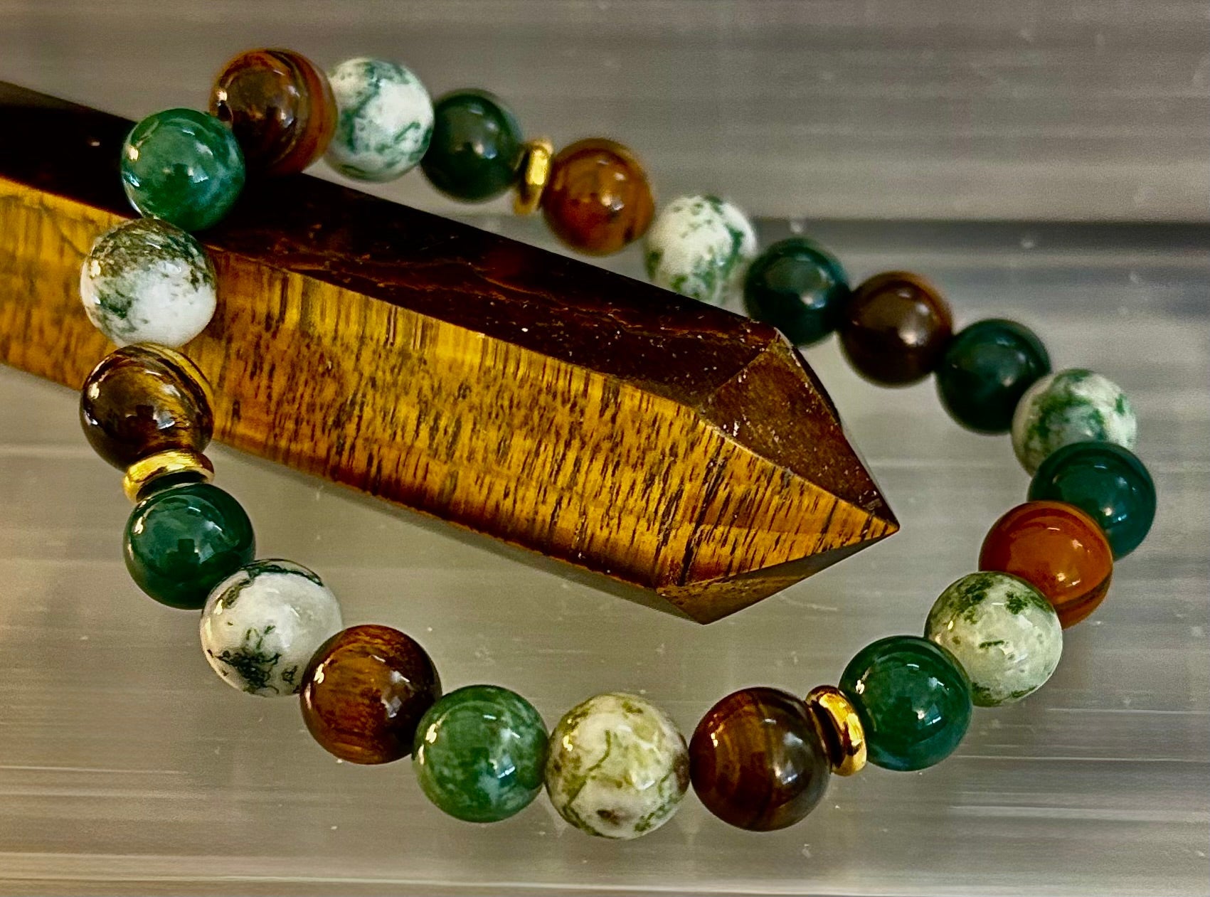 Moss Agate & Tiger Eye Gemstone Bracelet – 8mm Beads for Strength, Healing & Protection | | Wiccan Center