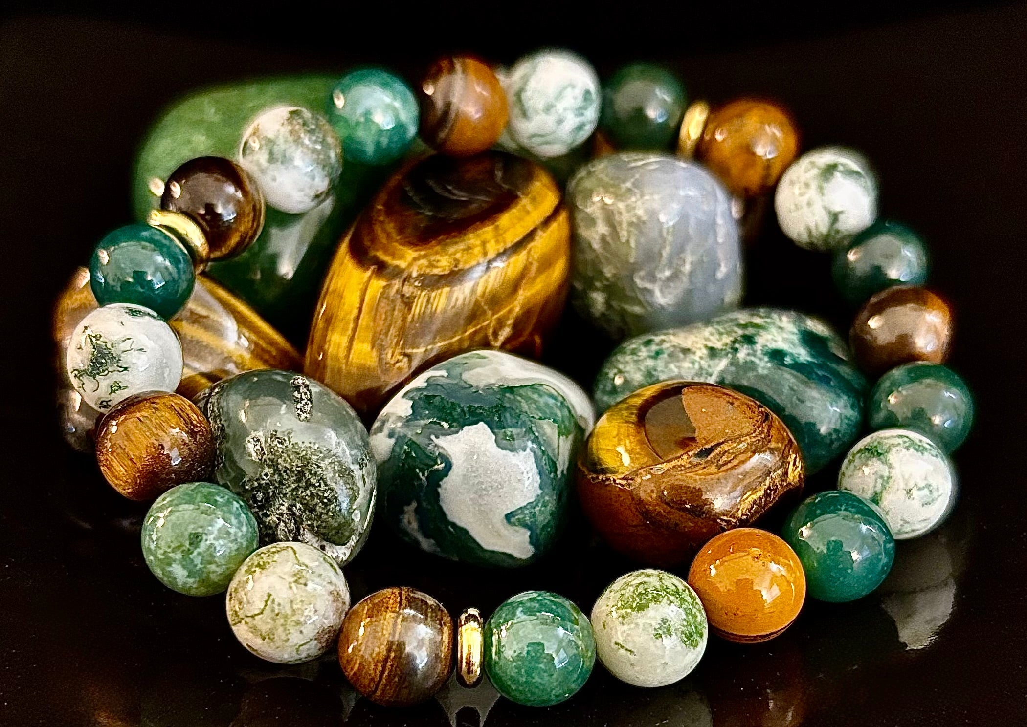 Moss Agate & Tiger Eye Gemstone Bracelet – 8mm Beads for Strength, Healing & Protection | | Wiccan Center