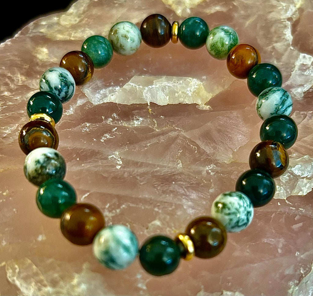 Moss Agate & Tiger Eye Gemstone Bracelet – 8mm Beads for Strength, Healing & Protection | | Wiccan Center
