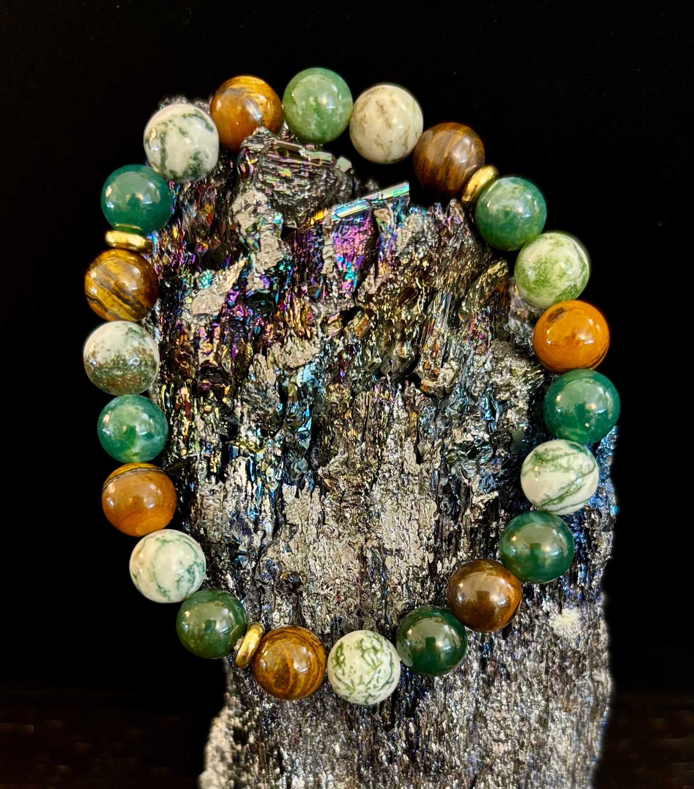 Moss Agate & Tiger Eye Gemstone Bracelet – 8mm Beads for Strength, Healing & Protection | | Wiccan Center