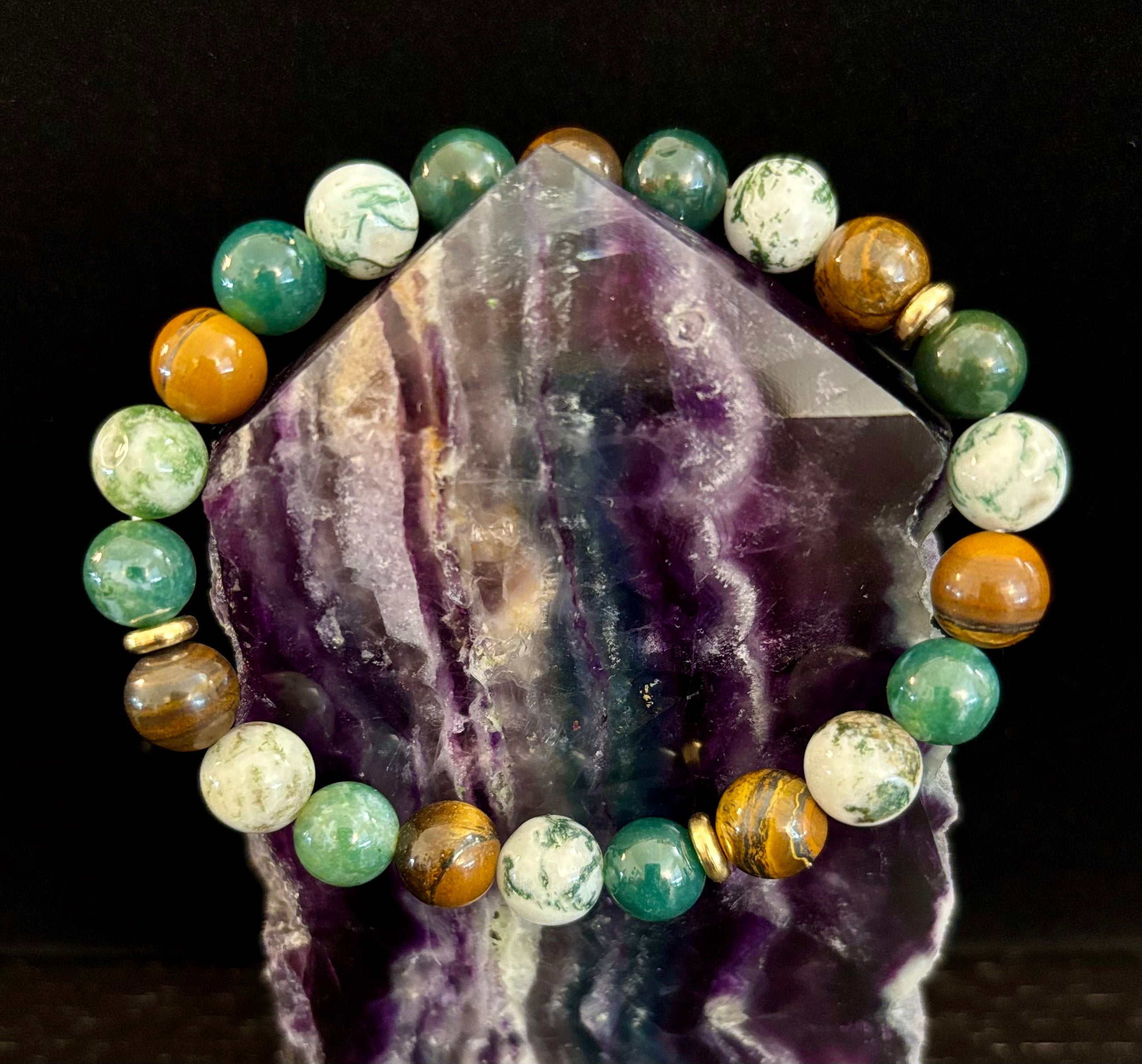 Moss Agate & Tiger Eye Gemstone Bracelet – 8mm Beads for Strength, Healing & Protection | | Wiccan Center