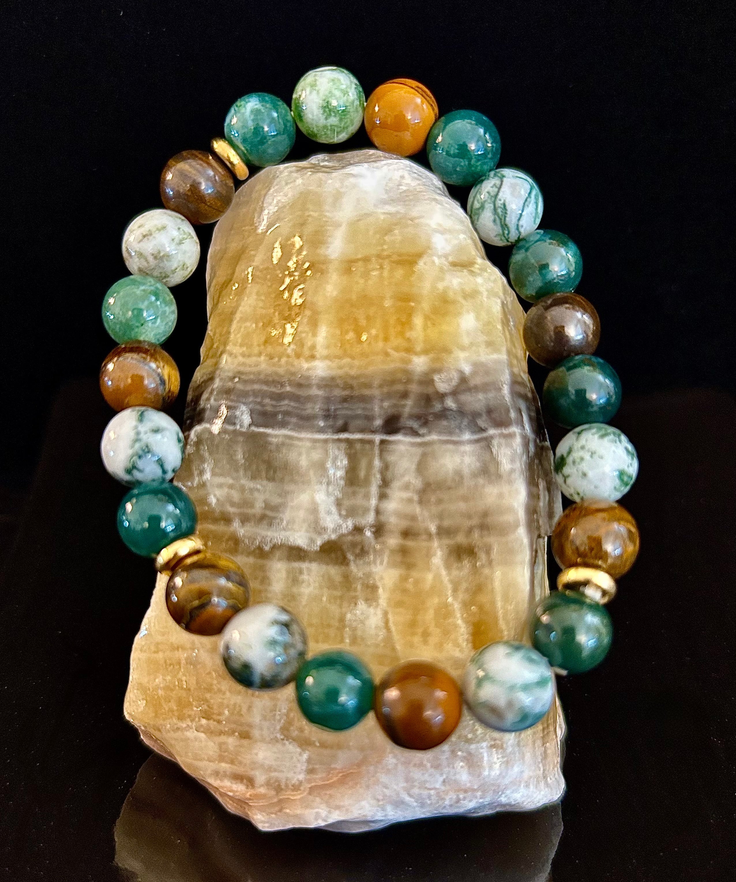 Moss Agate & Tiger Eye Gemstone Bracelet – 8mm Beads for Strength, Healing & Protection | | Wiccan Center