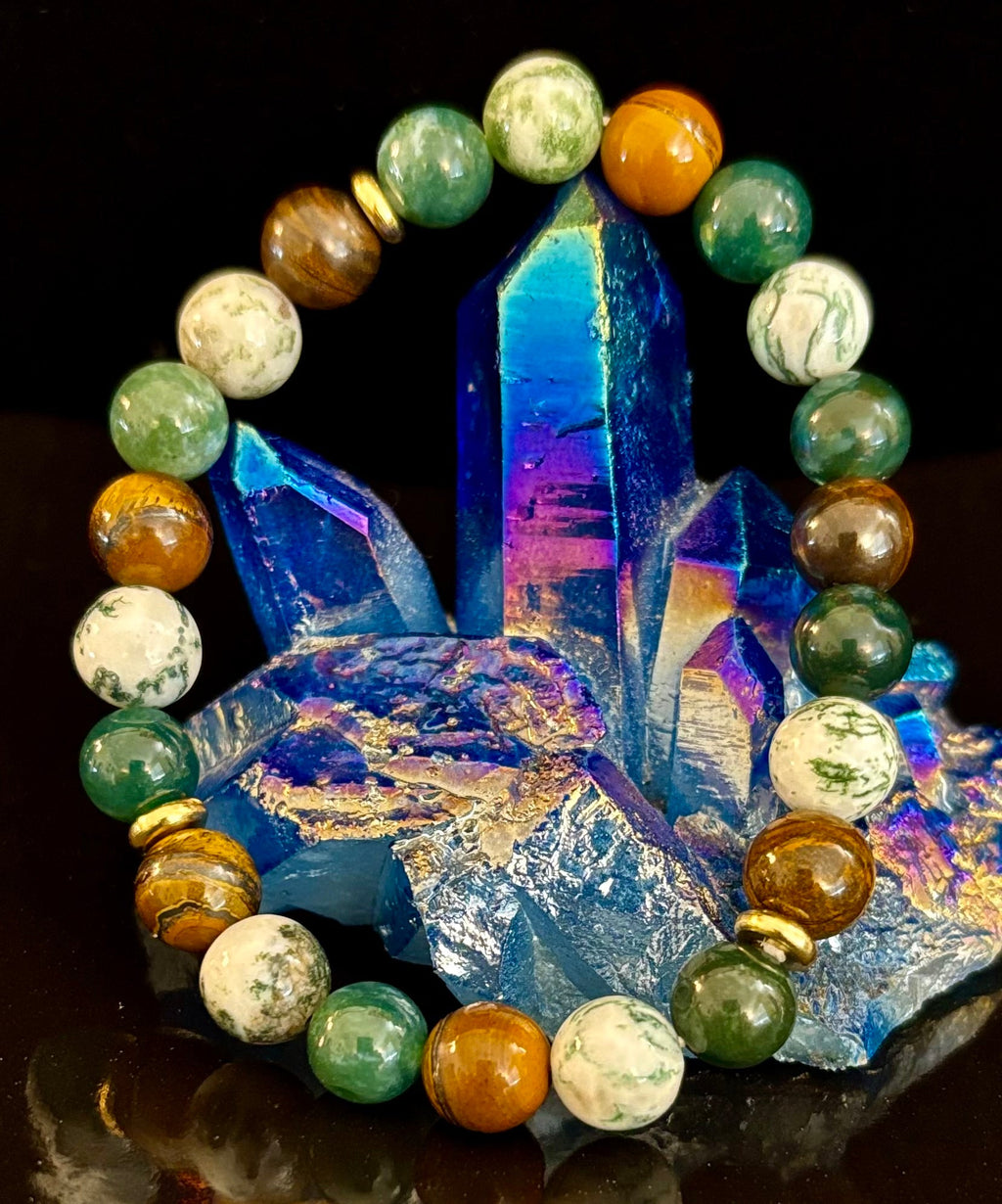 Moss Agate & Tiger Eye Gemstone Bracelet – 8mm Beads for Strength, Healing & Protection | | Wiccan Center